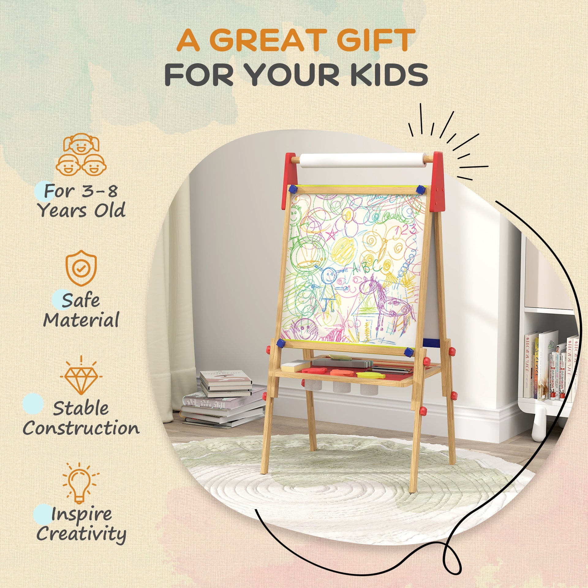 Qaba 3 in 1 Easel for Kids with Paper Roll, Whiteboard, Chalkboard, Double Sided & Adjustable Height, Nature Wood