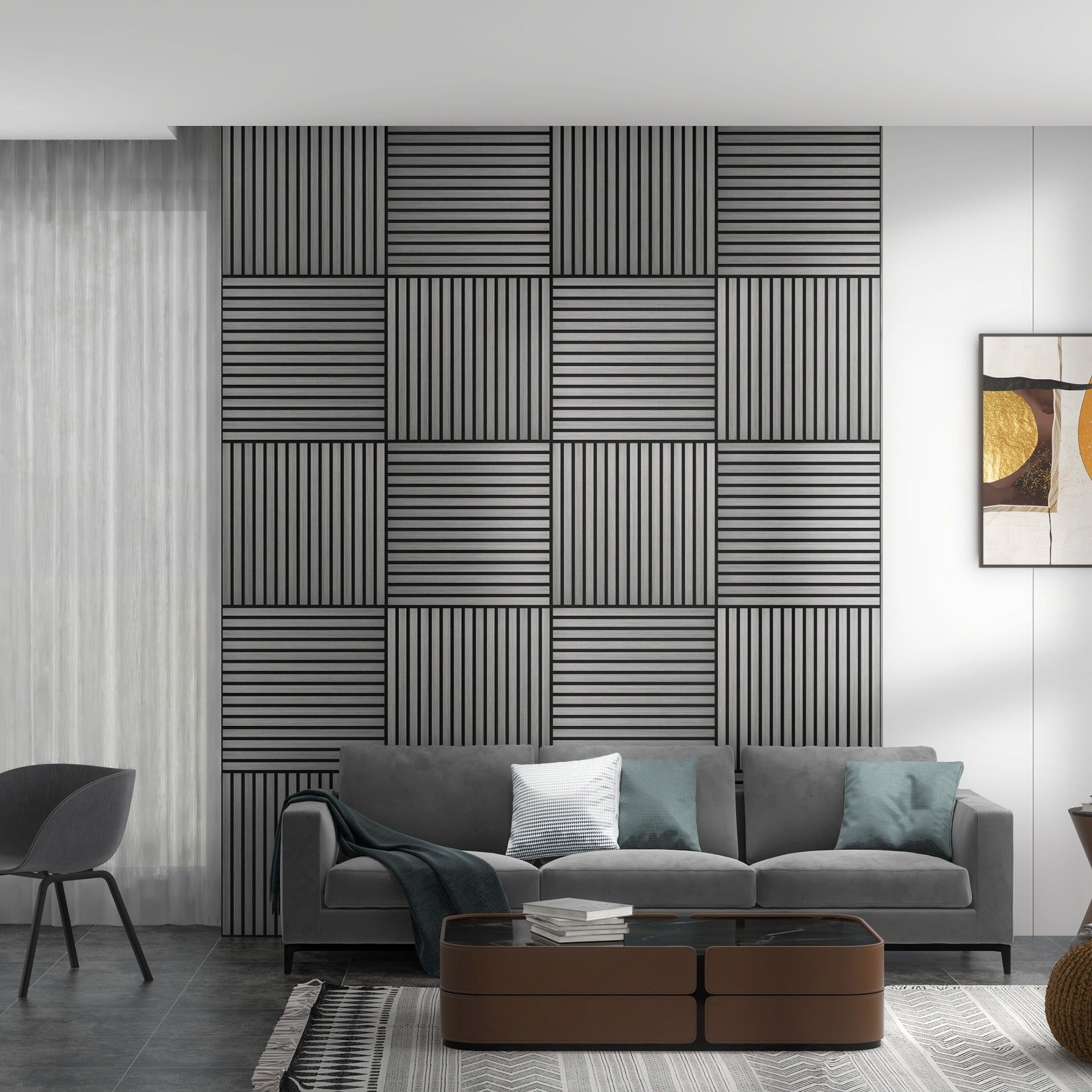 HOMCOM 24"x24" Wood Panels for Wall, 4 Pack Acoustic Panels, Sound Absorbing Slat Wall For Interior Wall Decor, Home, Gray