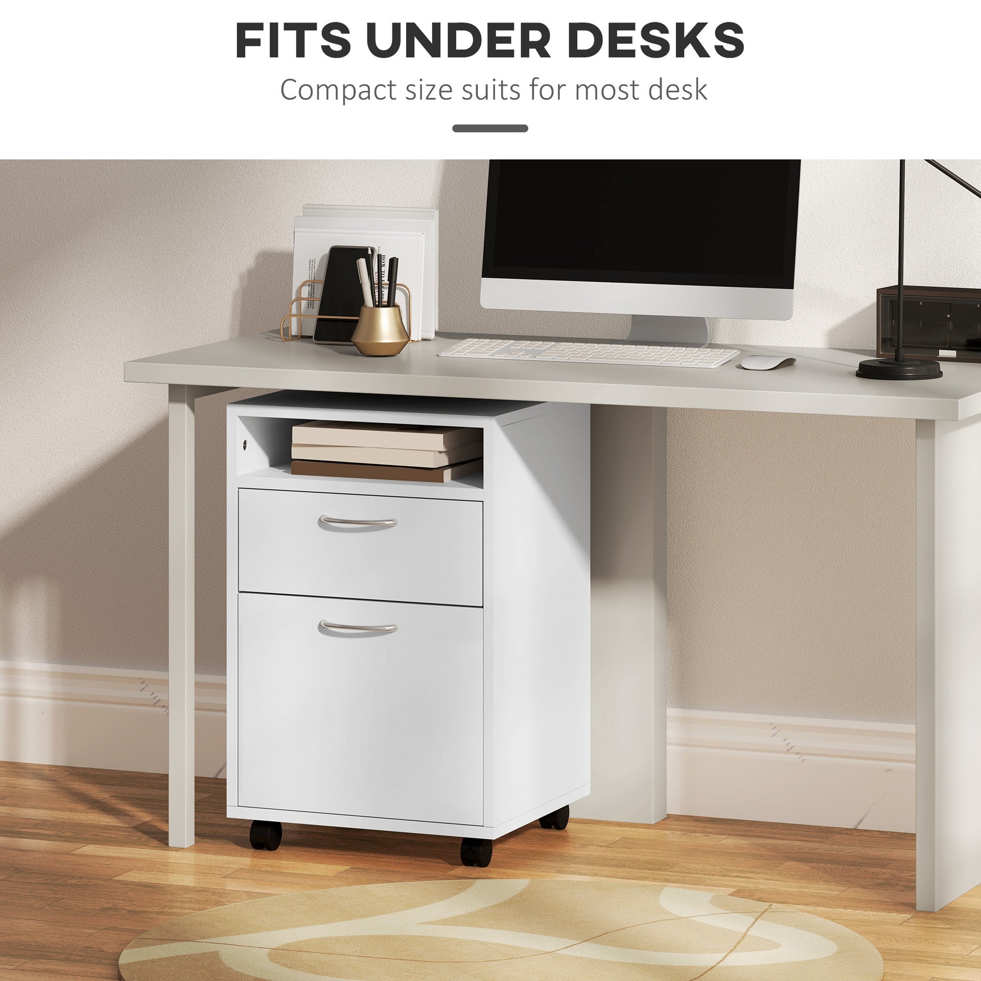 HOMCOM Mobile Storage Cabinet Organizer with Drawer and Cabinet, Printer Stand with Castors, White
