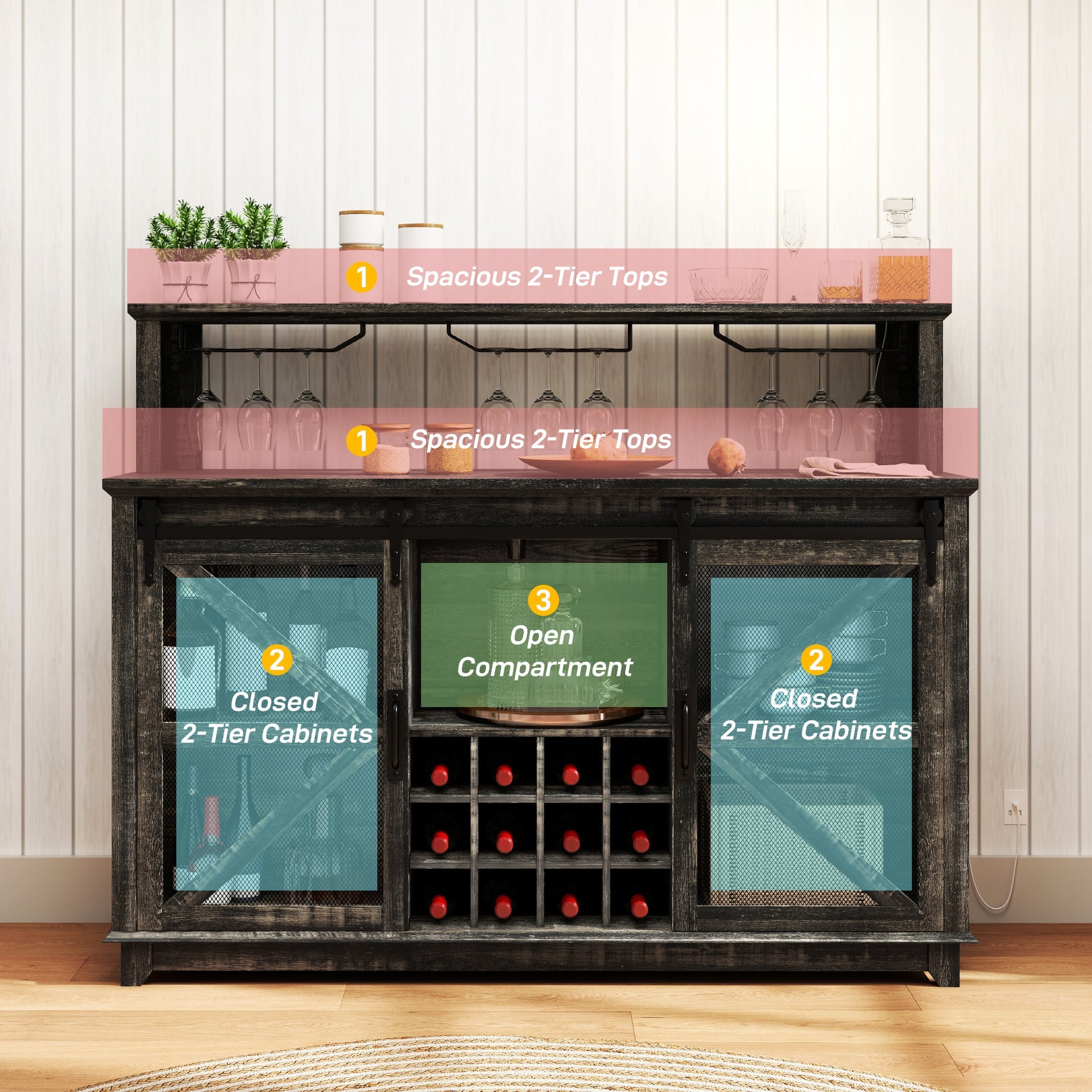 HOMCOM 55" Coffee Bar Cabinet with Lights, Farmhouse Wine Cabinet with Wine and Glass Racks for Kitchen, Dining Room, Brown