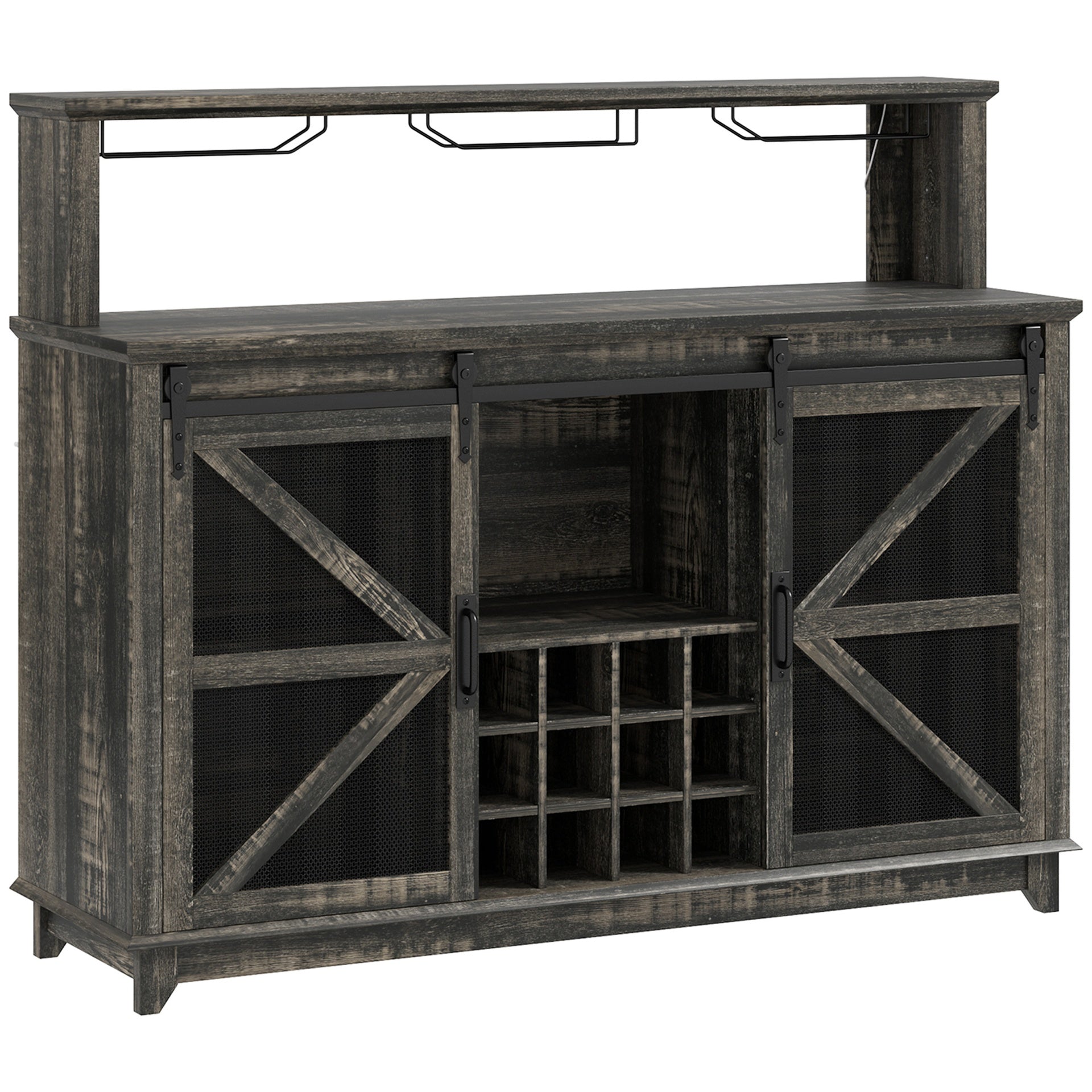 HOMCOM 55" Coffee Bar Cabinet with Lights, Farmhouse Wine Cabinet with Wine and Glass Racks for Kitchen, Dining Room, Brown