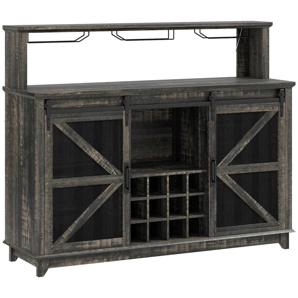 HOMCOM 55" Coffee Bar Cabinet with Lights, Farmhouse Wine Cabinet with Wine and Glass Racks for Kitchen, Dining Room, Brown