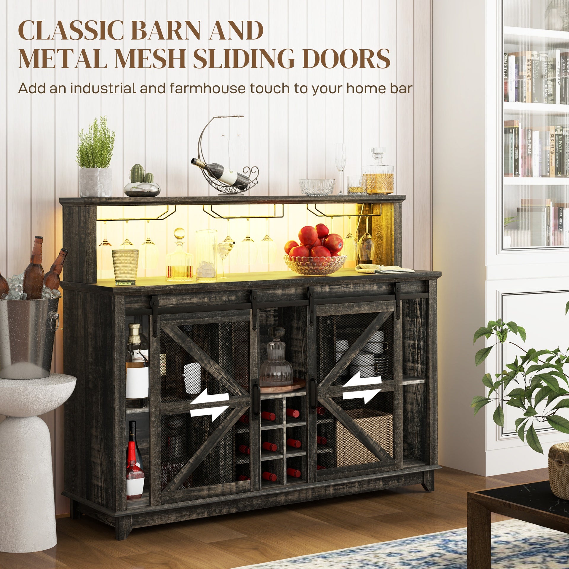 HOMCOM 55" Coffee Bar Cabinet with Lights, Farmhouse Wine Cabinet with Wine and Glass Racks for Kitchen, Dining Room, Brown