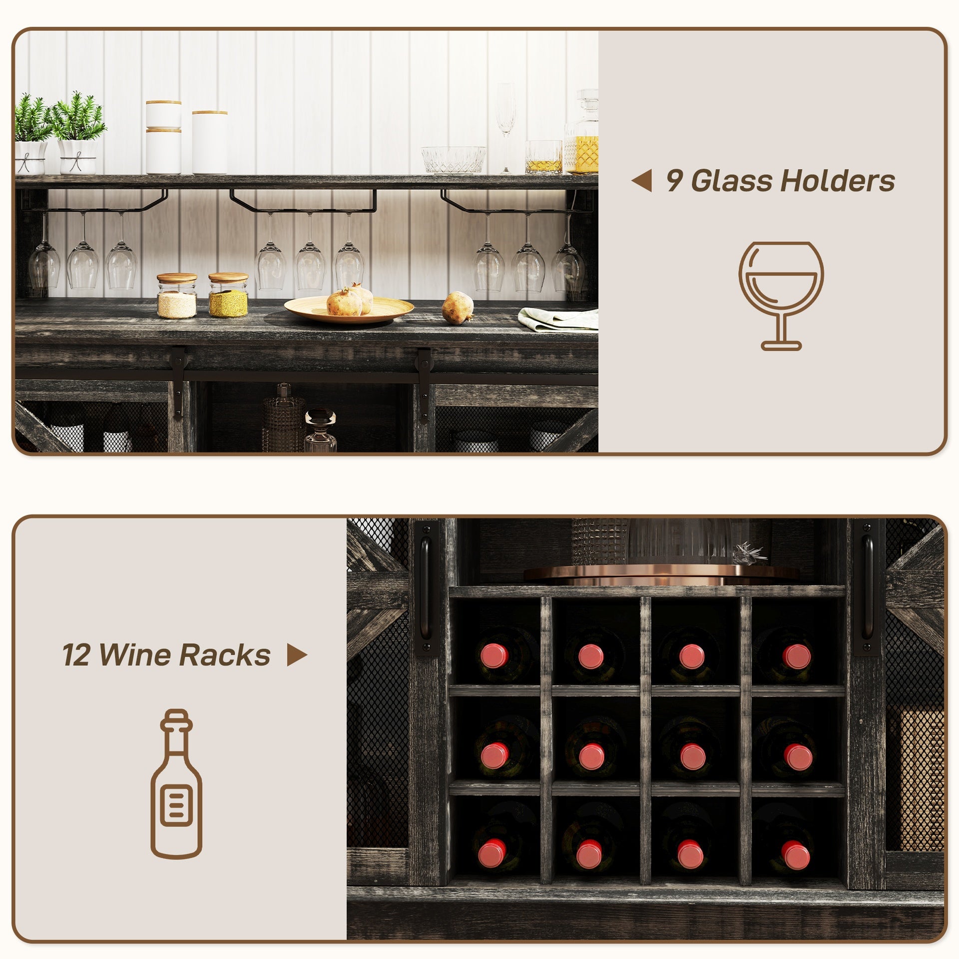 HOMCOM 55" Coffee Bar Cabinet with Lights, Farmhouse Wine Cabinet with Wine and Glass Racks for Kitchen, Dining Room, Brown