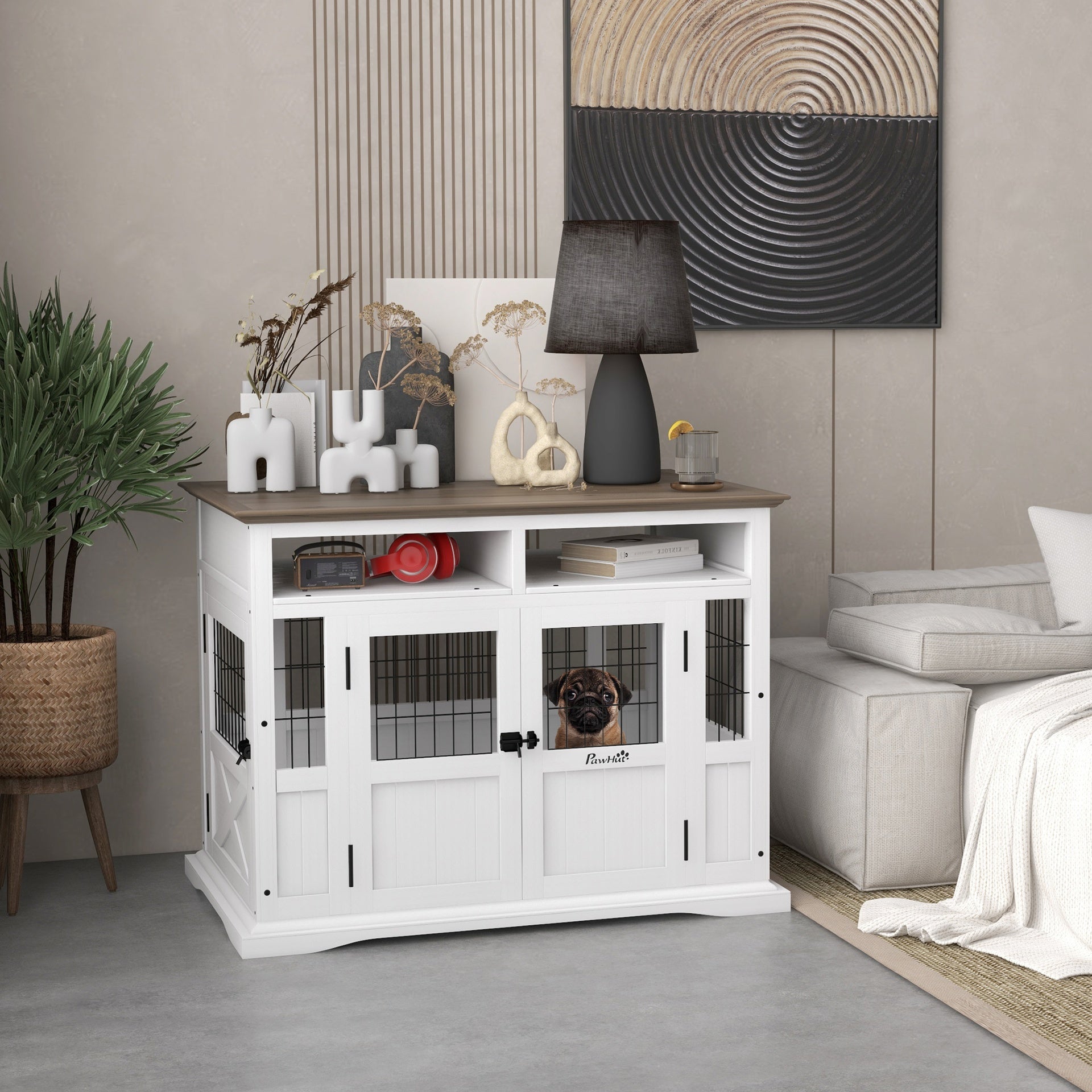 PawHut Dog Kennel Furniture Side End Table with Storage, Double Doors for Small and Medium Dogs, White