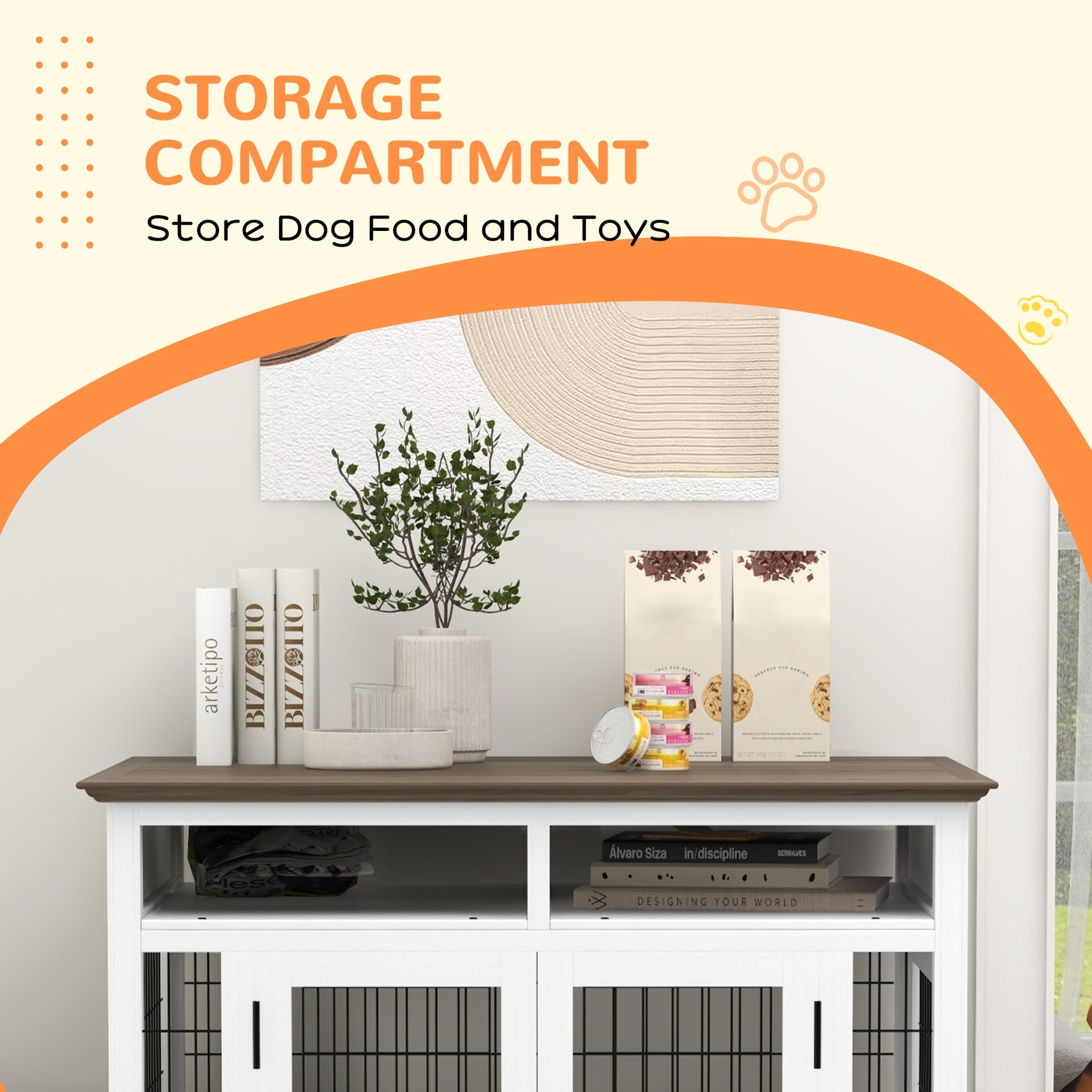 PawHut Dog Kennel Furniture Side End Table with Storage, Double Doors for Small and Medium Dogs, White