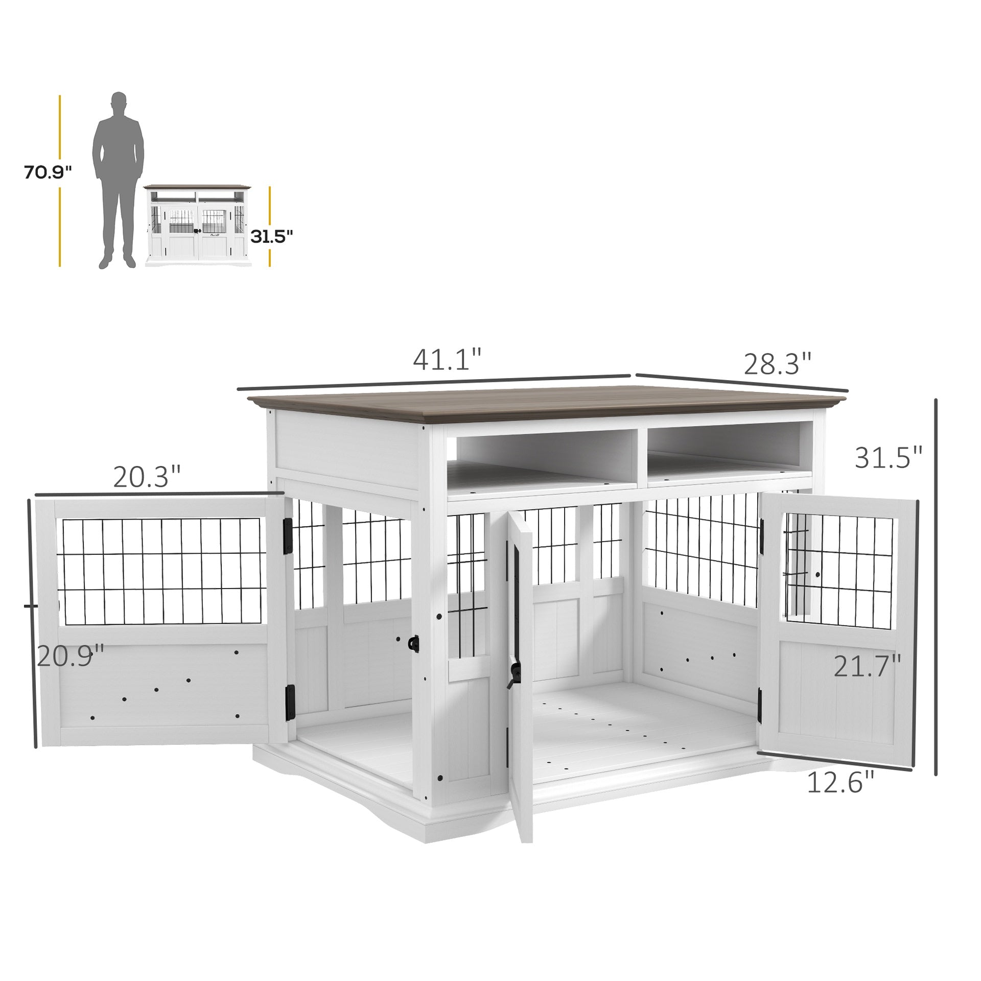 PawHut Dog Kennel Furniture Side End Table with Storage, Double Doors for Small and Medium Dogs, White