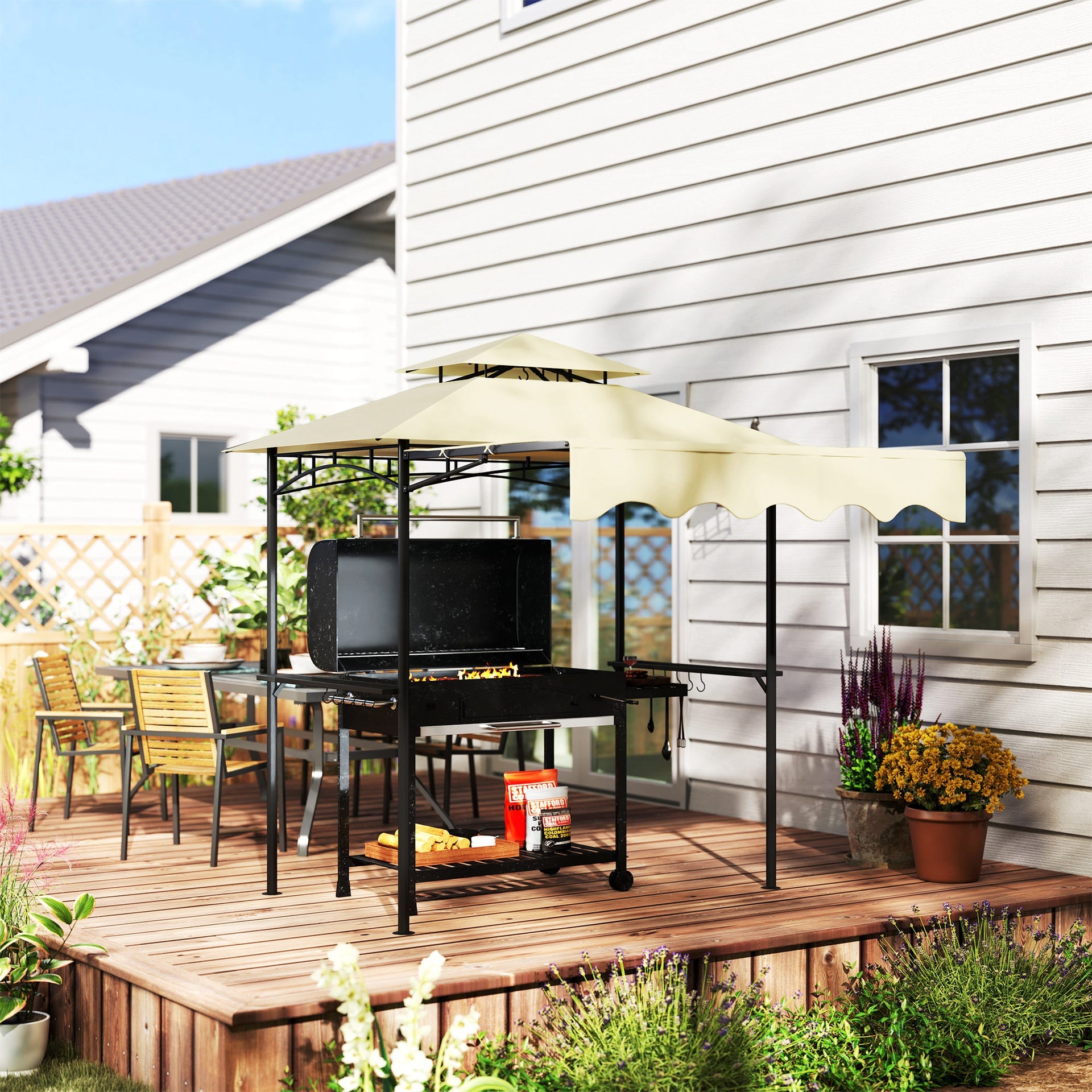 Outsunny 8' x 7.6' Outdoor Grill Gazebo, Barbecue Gazebo Shelter with Side Awning, 2 Side Shelves and 6 Hooks, Beige