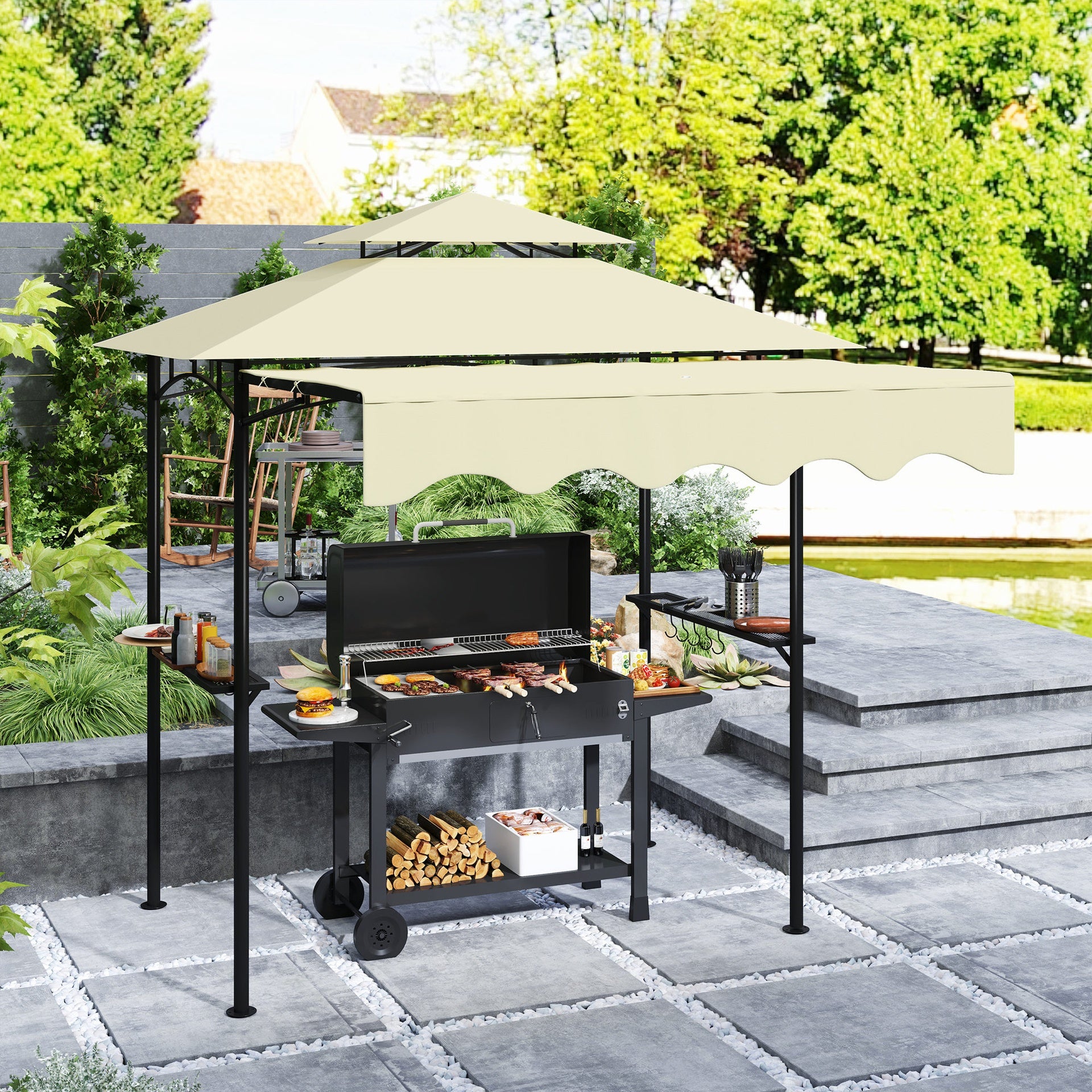 Outsunny 8' x 7.6' Outdoor Grill Gazebo, Barbecue Gazebo Shelter with Side Awning, 2 Side Shelves and 6 Hooks, Beige
