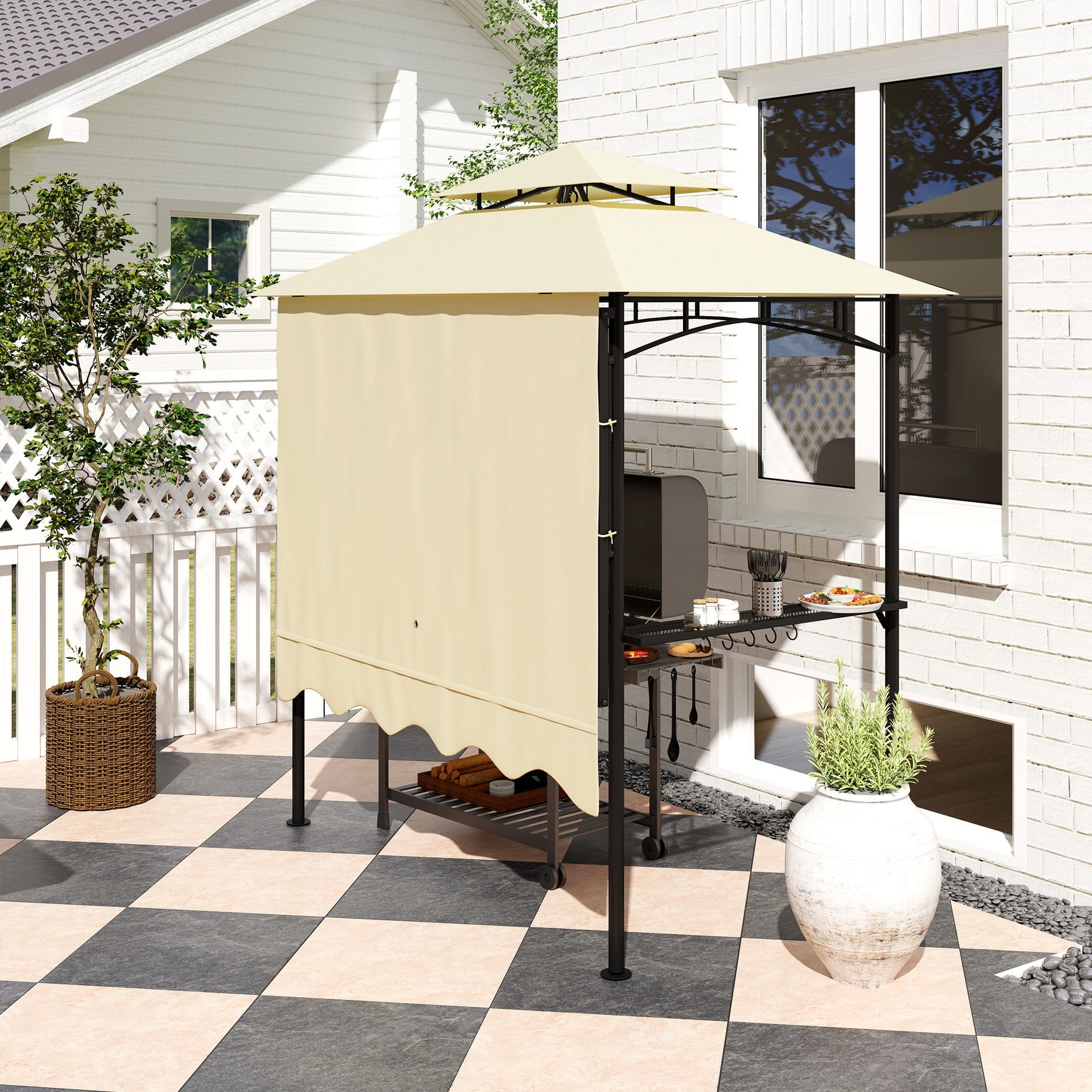 Outsunny 8' x 7.6' Outdoor Grill Gazebo, Barbecue Gazebo Shelter with Side Awning, 2 Side Shelves and 6 Hooks, Beige