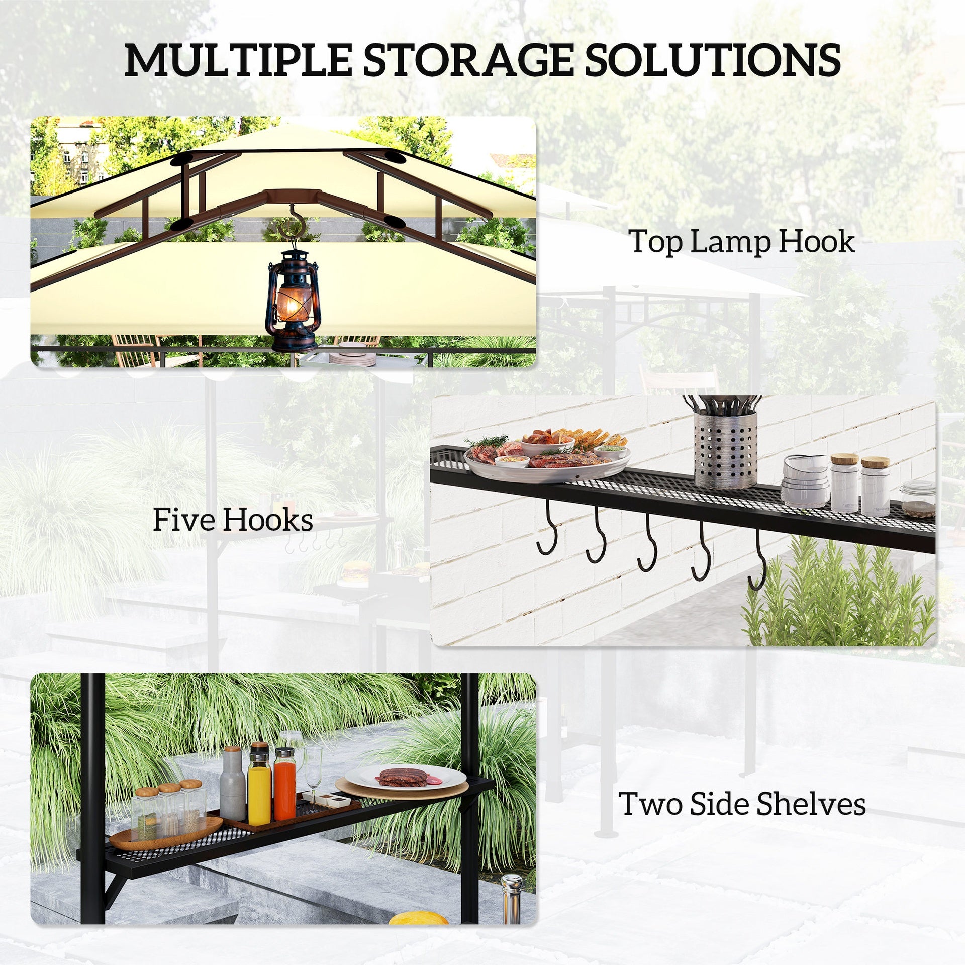 Outsunny 8' x 7.6' Outdoor Grill Gazebo, Barbecue Gazebo Shelter with Side Awning, 2 Side Shelves and 6 Hooks, Beige
