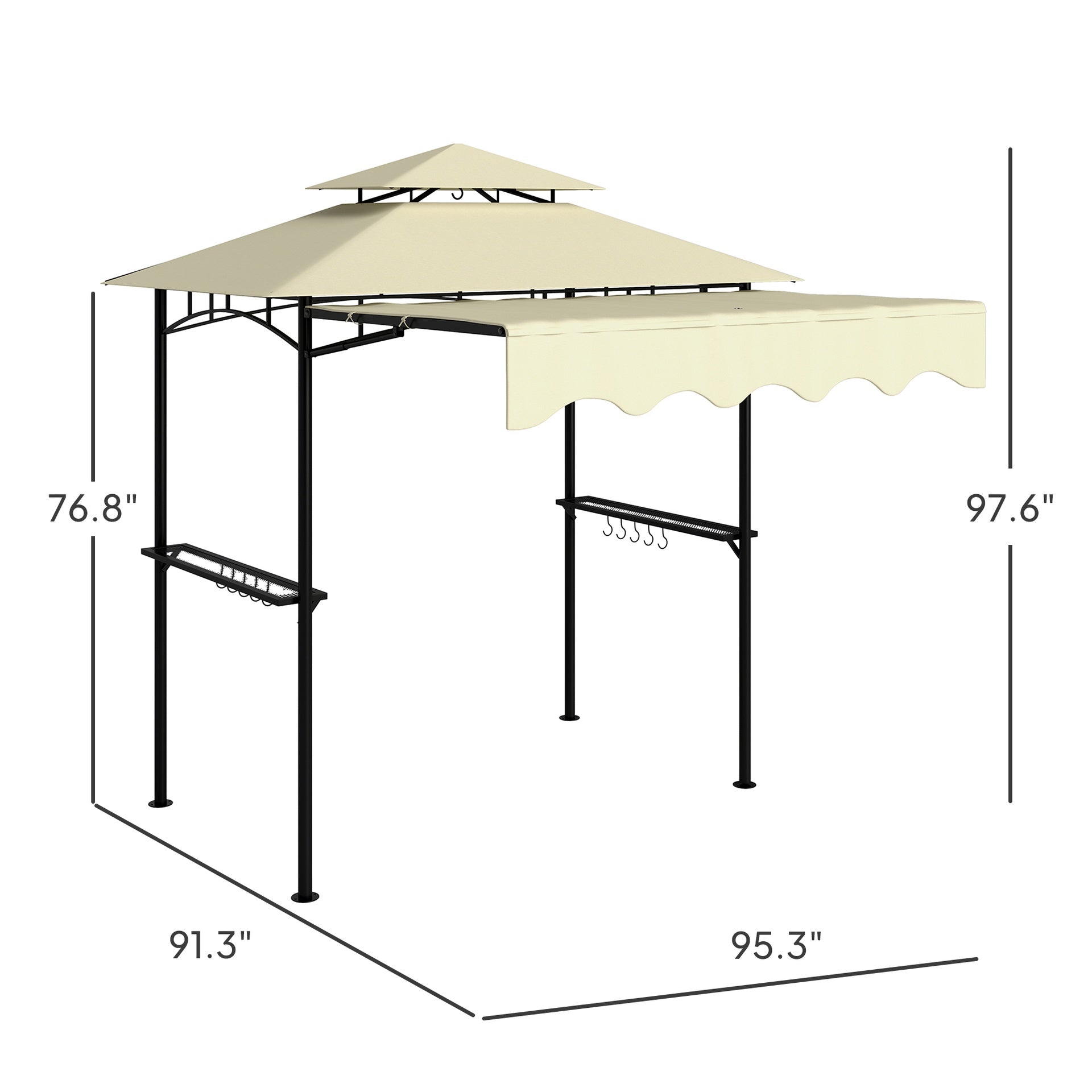 Outsunny 8' x 7.6' Outdoor Grill Gazebo, Barbecue Gazebo Shelter with Side Awning, 2 Side Shelves and 6 Hooks, Beige