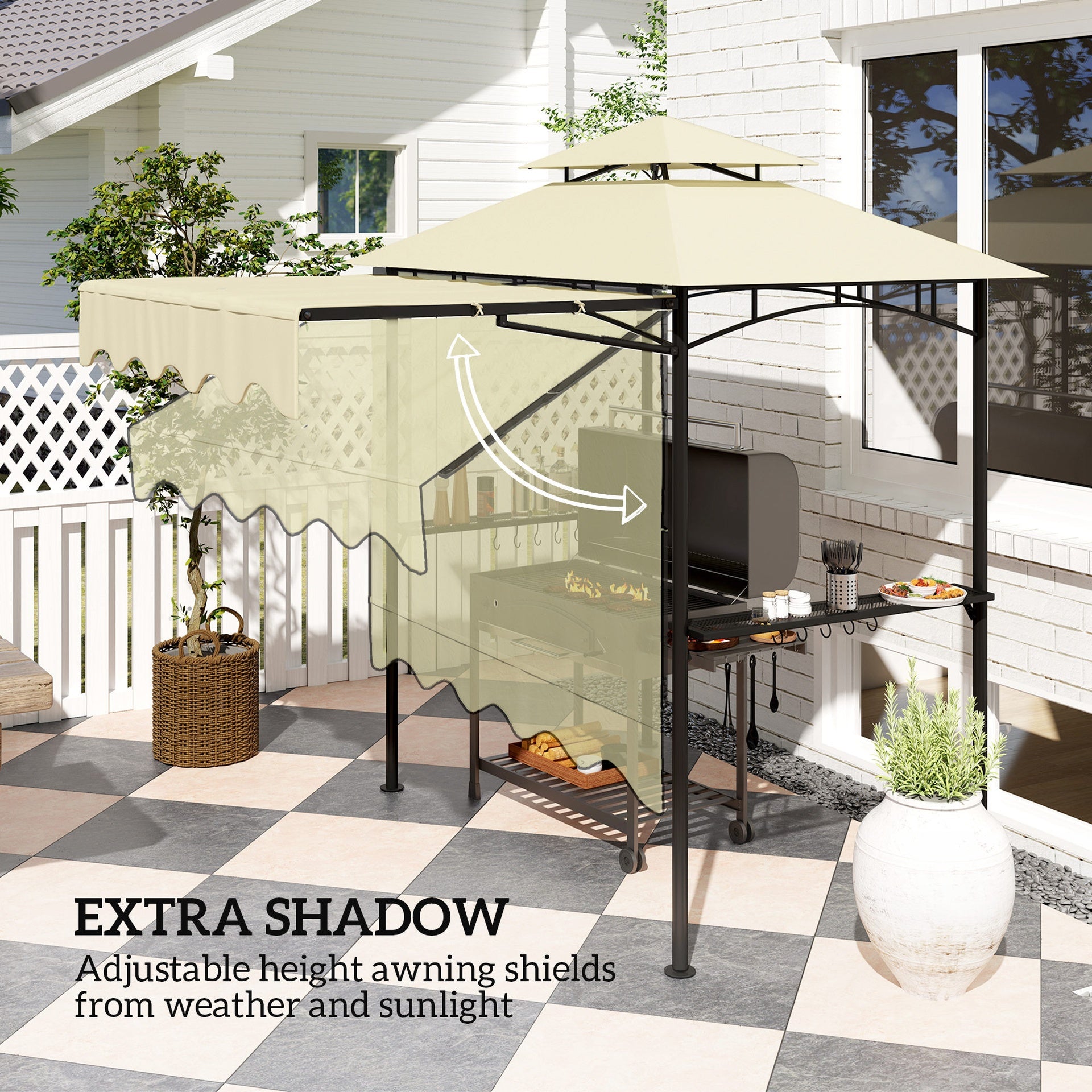 Outsunny 8' x 7.6' Outdoor Grill Gazebo, Barbecue Gazebo Shelter with Side Awning, 2 Side Shelves and 6 Hooks, Beige
