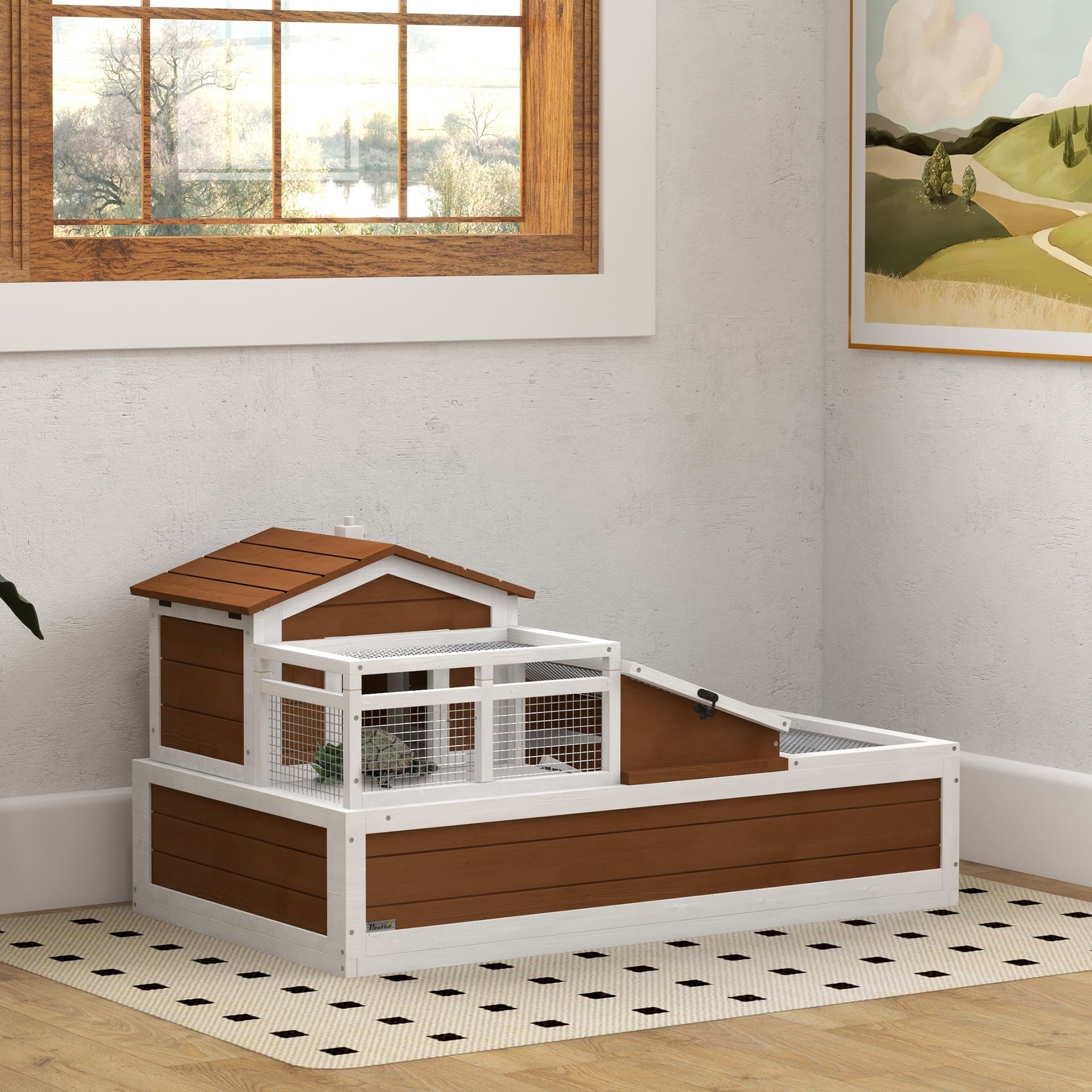 PawHut 3-Room Tortoise Habitat House w/ Balcony & 2 Stories, 44" x 25.5" x 25", Coffee