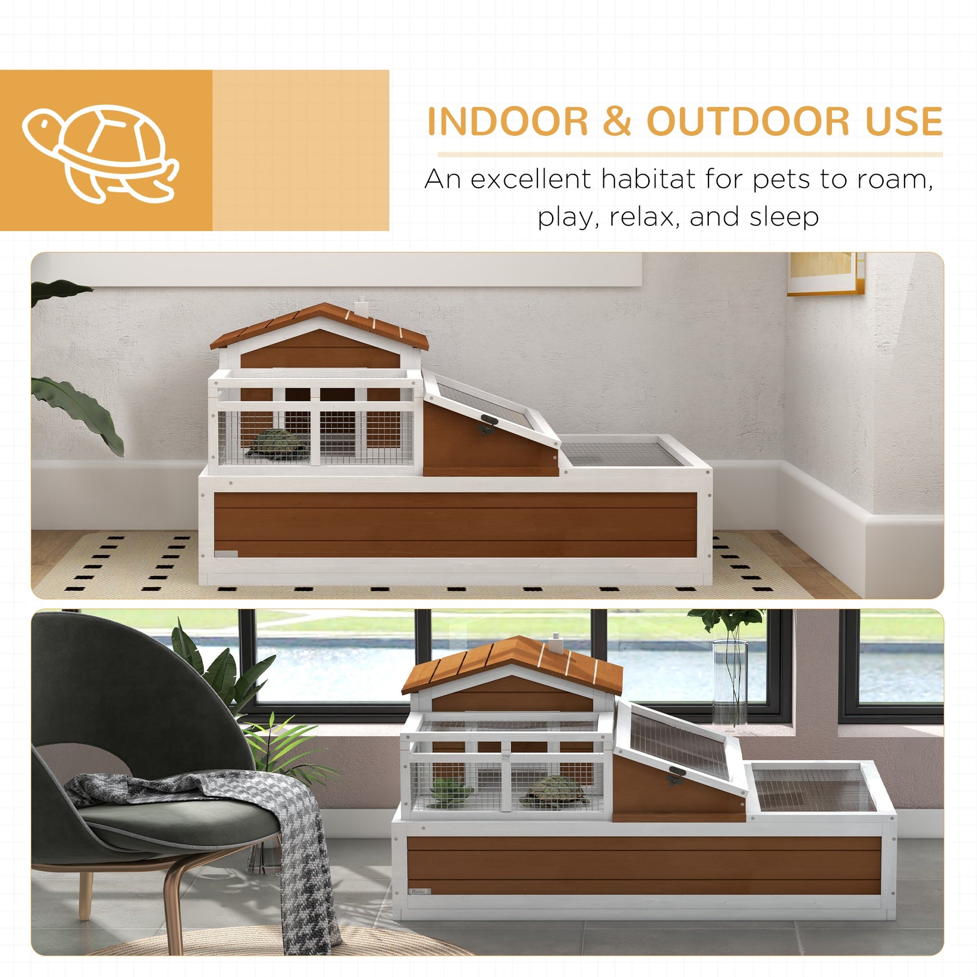 PawHut 3-Room Tortoise Habitat House w/ Balcony & 2 Stories, 44" x 25.5" x 25", Coffee