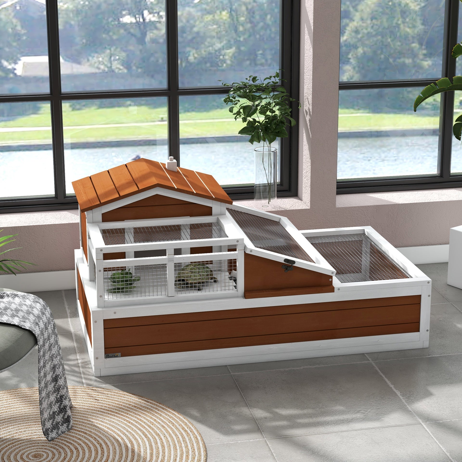 PawHut 3-Room Tortoise Habitat House w/ Balcony & 2 Stories, 44" x 25.5" x 25", Coffee