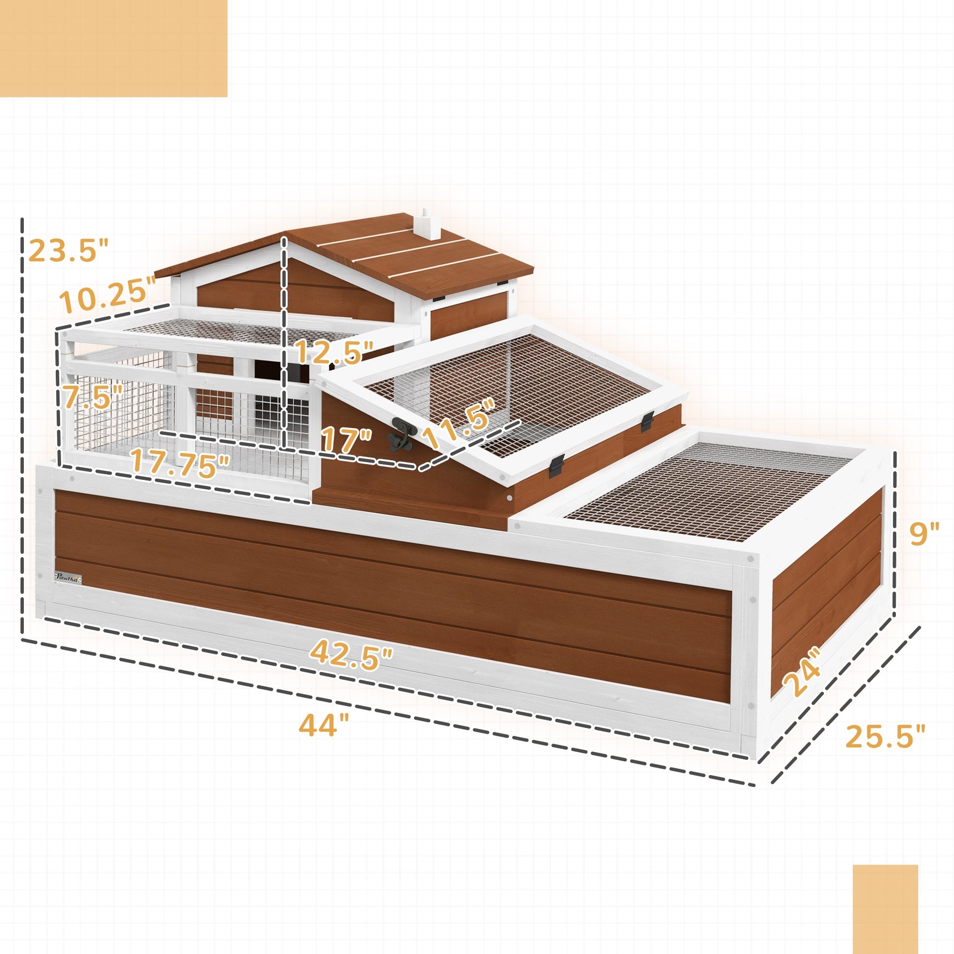 PawHut 3-Room Tortoise Habitat House w/ Balcony & 2 Stories, 44" x 25.5" x 25", Coffee