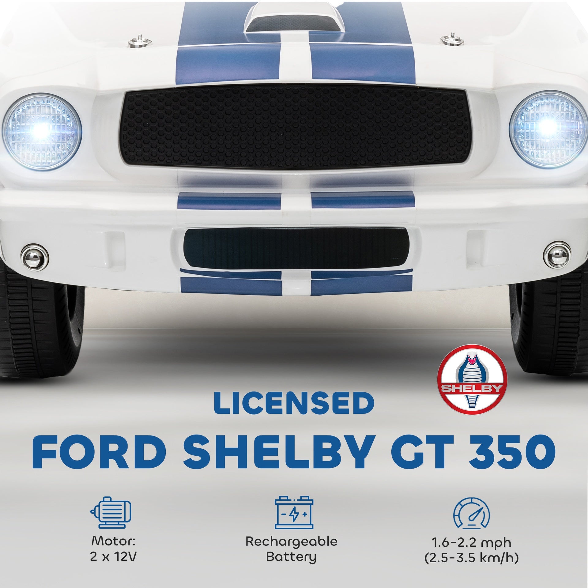 Qaba Licensed Ford Shelby GT 350 Kids Ride On Car with Remote Control, Adjustable Speed, MP3, Smooth Start, LED Lights, White