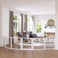 PawHut Wooden Pet Gate, 6-Panel Folding Dog Safety Barrier with Support Feet for Small & Medium Dogs, White