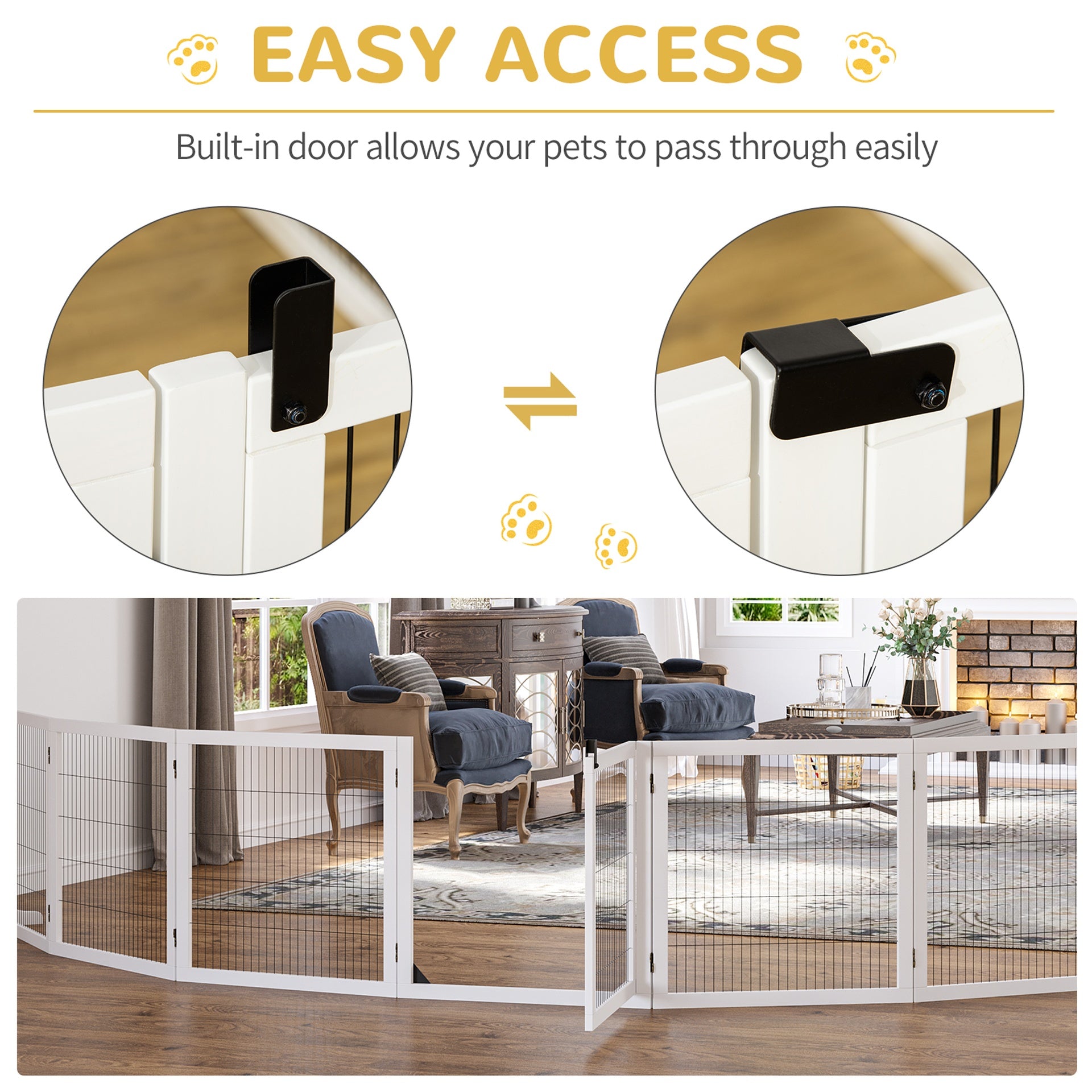 PawHut Wooden Pet Gate, 6-Panel Folding Dog Safety Barrier with Support Feet for Small & Medium Dogs, White