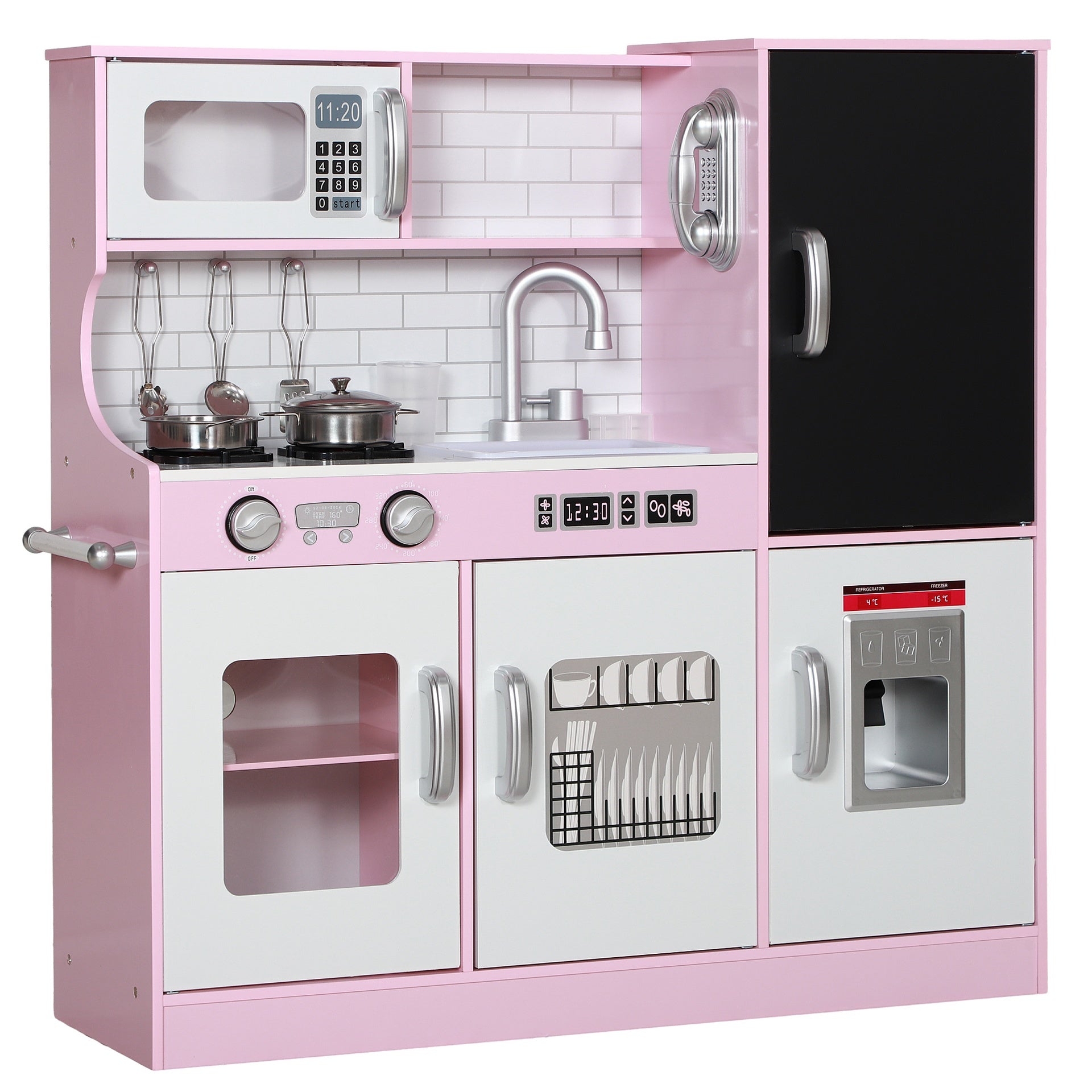 Qaba Pretend Play Kitchen, Kids Kitchen Playset with Play Phone, Chalkboard, Towel Rack & Ice Maker for 3-8 Years Pink