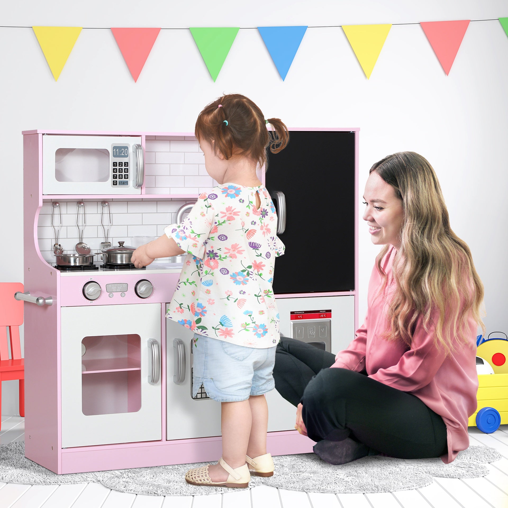 Qaba Pretend Play Kitchen, Kids Kitchen Playset with Play Phone, Chalkboard, Towel Rack & Ice Maker for 3-8 Years Pink