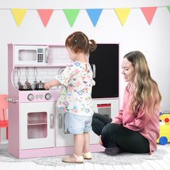 Qaba Pretend Play Kitchen, Kids Kitchen Playset with Play Phone, Chalkboard, Towel Rack & Ice Maker for 3-8 Years Pink