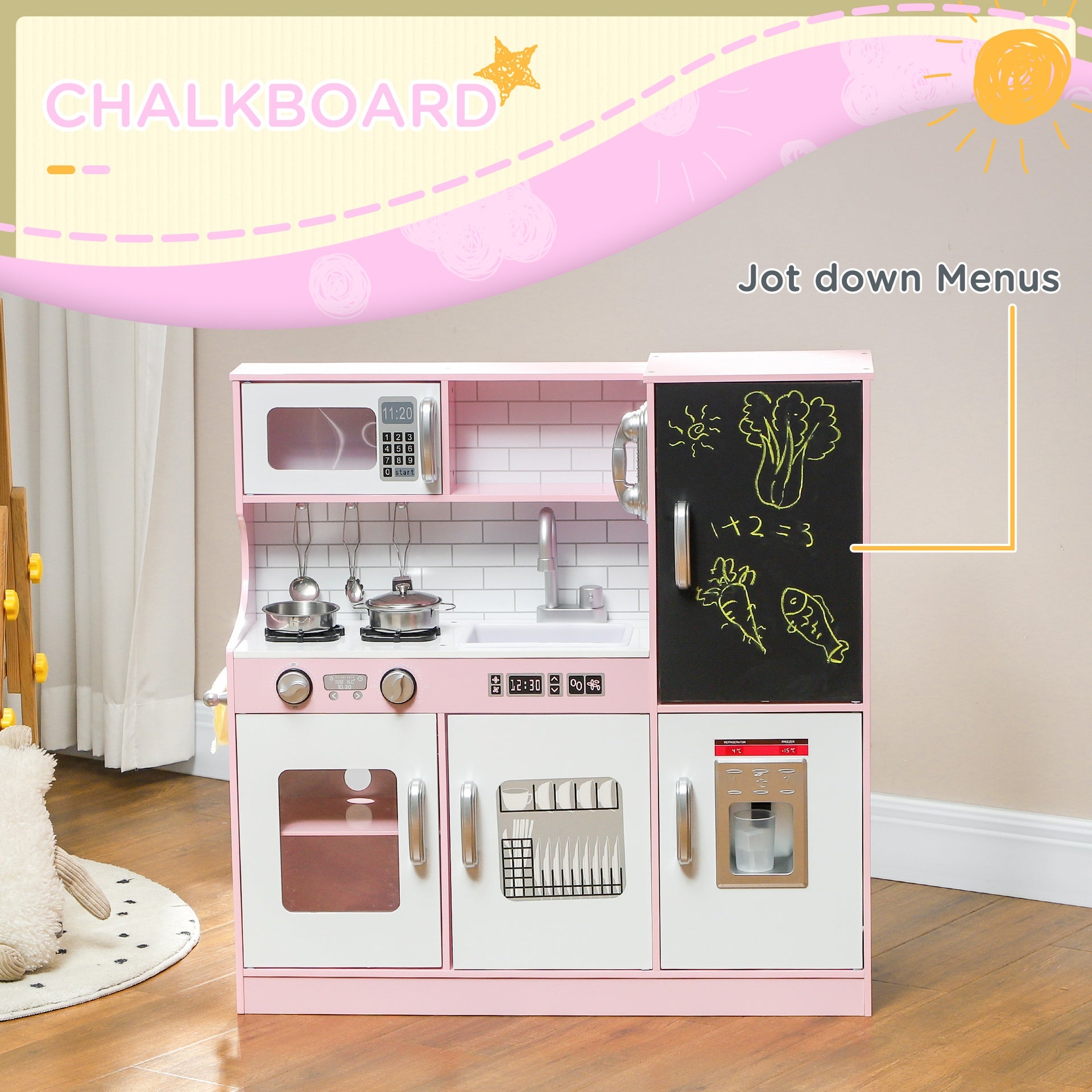 Qaba Pretend Play Kitchen, Kids Kitchen Playset with Play Phone, Chalkboard, Towel Rack & Ice Maker for 3-8 Years Pink