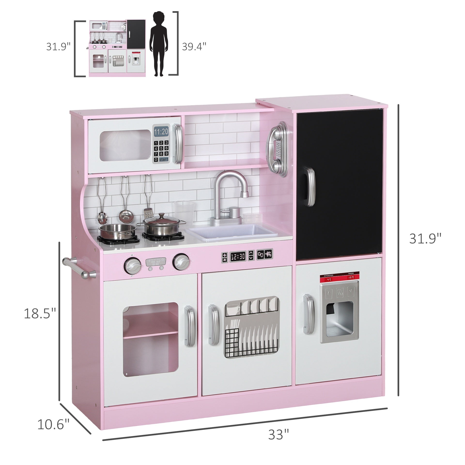 Qaba Pretend Play Kitchen, Kids Kitchen Playset with Play Phone, Chalkboard, Towel Rack & Ice Maker for 3-8 Years Pink