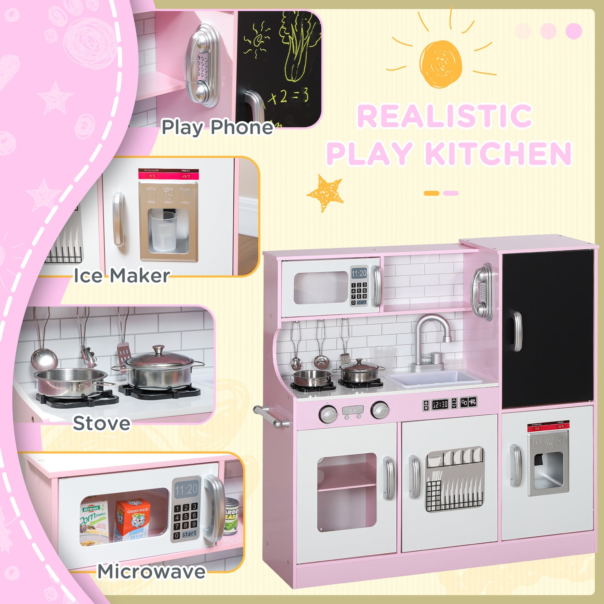 Qaba Pretend Play Kitchen, Kids Kitchen Playset with Play Phone, Chalkboard, Towel Rack & Ice Maker for 3-8 Years Pink