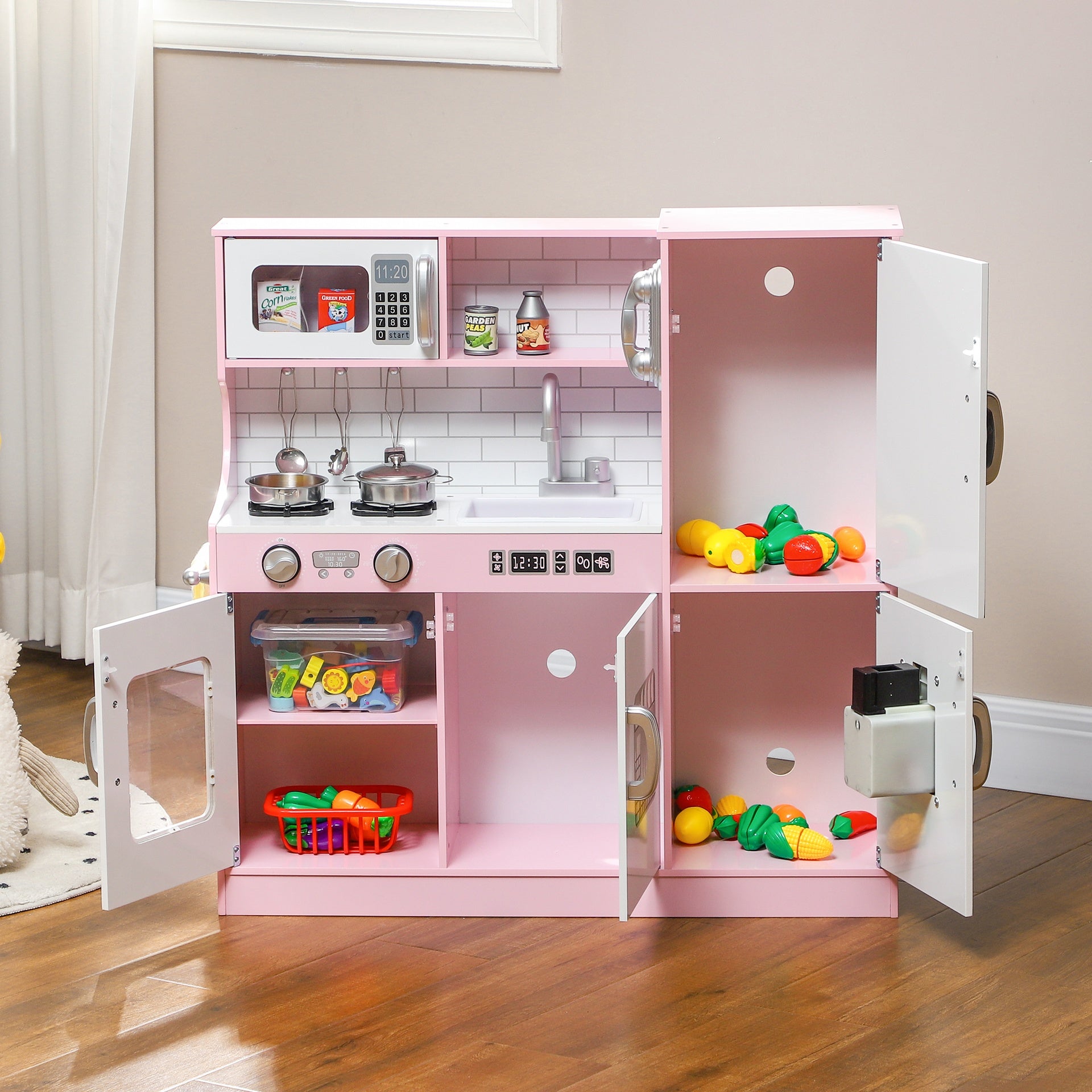 Qaba Pretend Play Kitchen, Kids Kitchen Playset with Play Phone, Chalkboard, Towel Rack & Ice Maker for 3-8 Years Pink