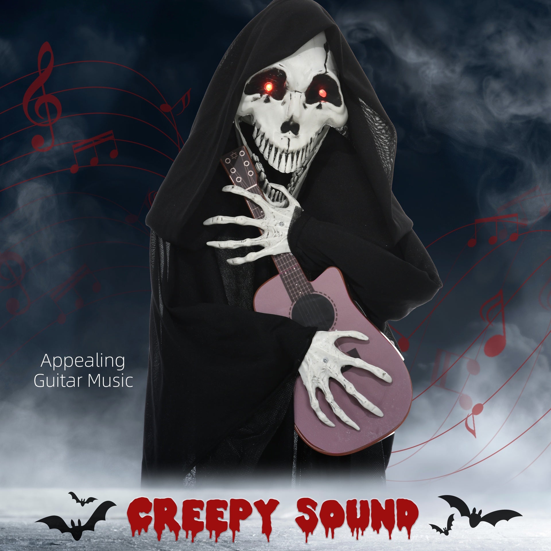 HOMCOM Guitar-Playing Grim Reaper Outdoor Halloween Decoration Animatronic