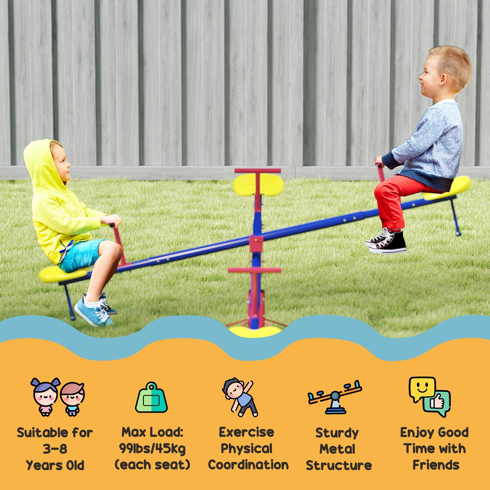 Outsunny Kids Seesaw Swivel Teeter Totter with 360° Spinning, 4 Seater Seesaw Outdoor Playground Equipment for Backyard, Boys and Girls Aged 3-8 Years Old
