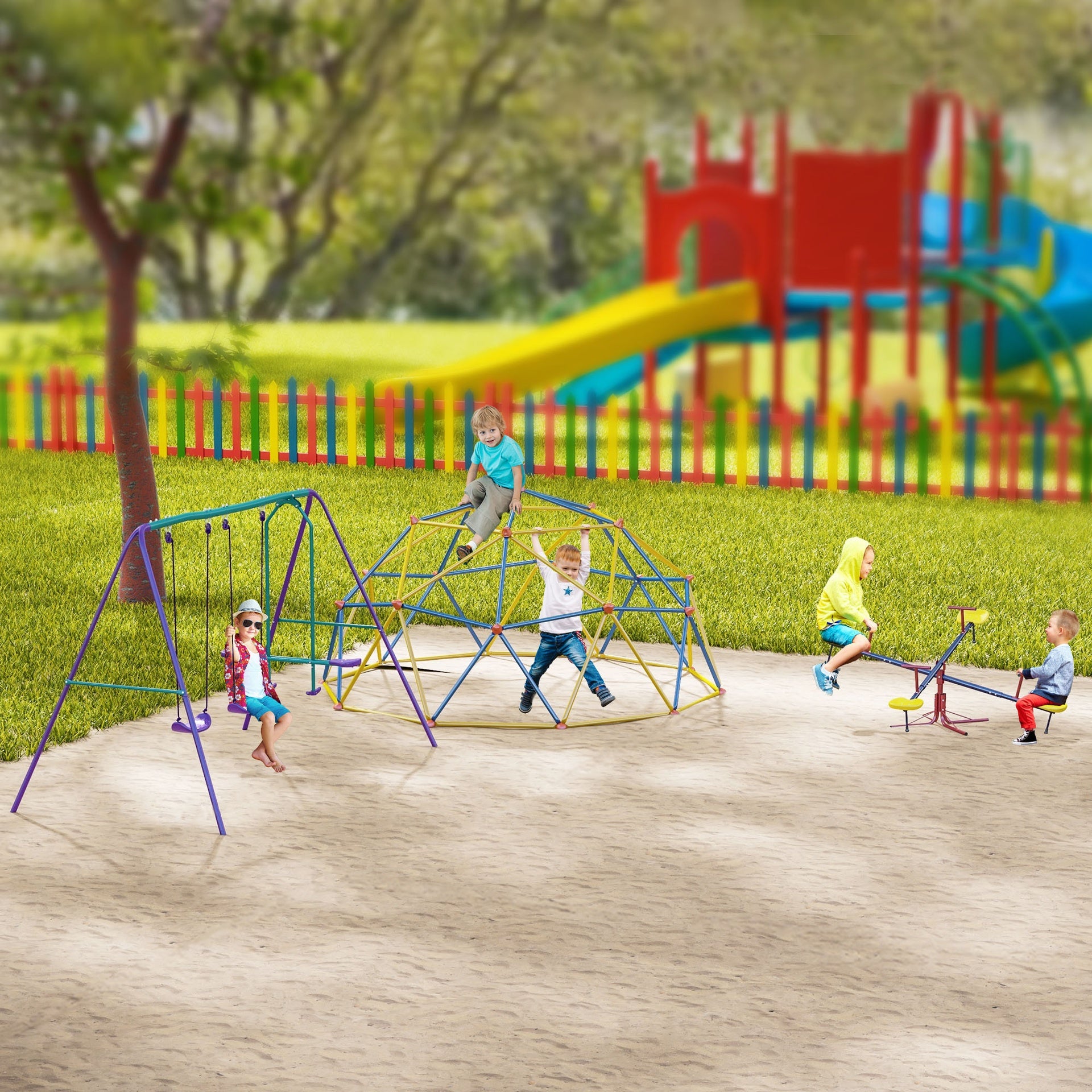 Outsunny Kids Seesaw Swivel Teeter Totter with 360° Spinning, 4 Seater Seesaw Outdoor Playground Equipment for Backyard, Boys and Girls Aged 3-8 Years Old