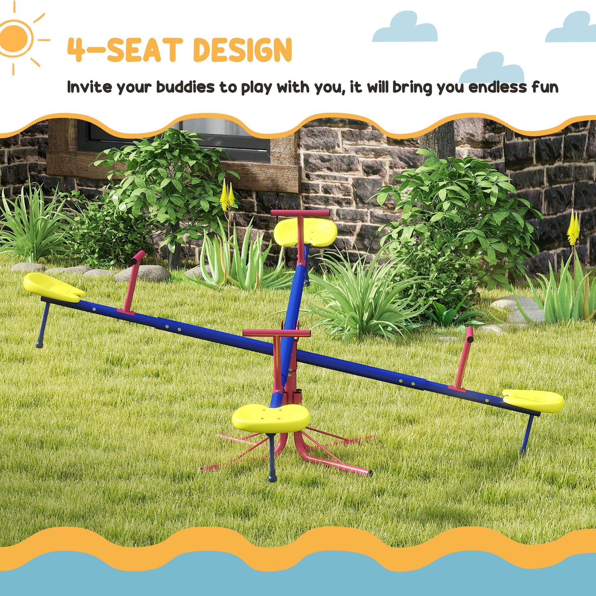 Outsunny Kids Seesaw Swivel Teeter Totter with 360° Spinning, 4 Seater Seesaw Outdoor Playground Equipment for Backyard, Boys and Girls Aged 3-8 Years Old