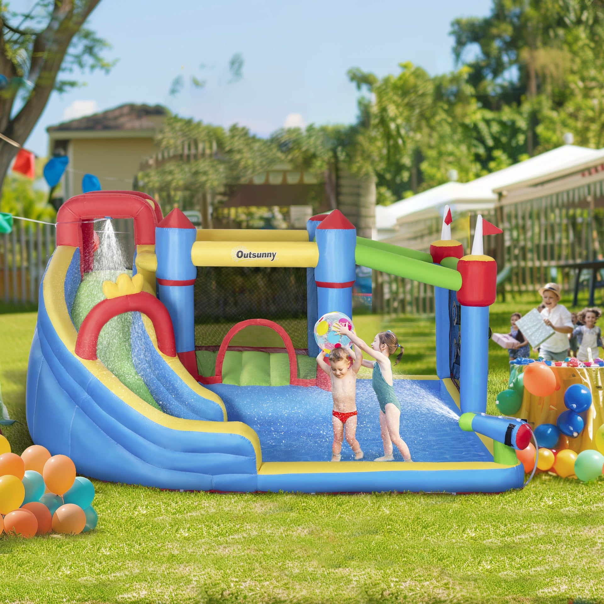 Outsunny 6-in-1 Inflatable Water Slide with Splash Pool, Slide, Climbing Wall, Water Cannon, Inflatable Bounce House for Kids with 2 Min. Inflation