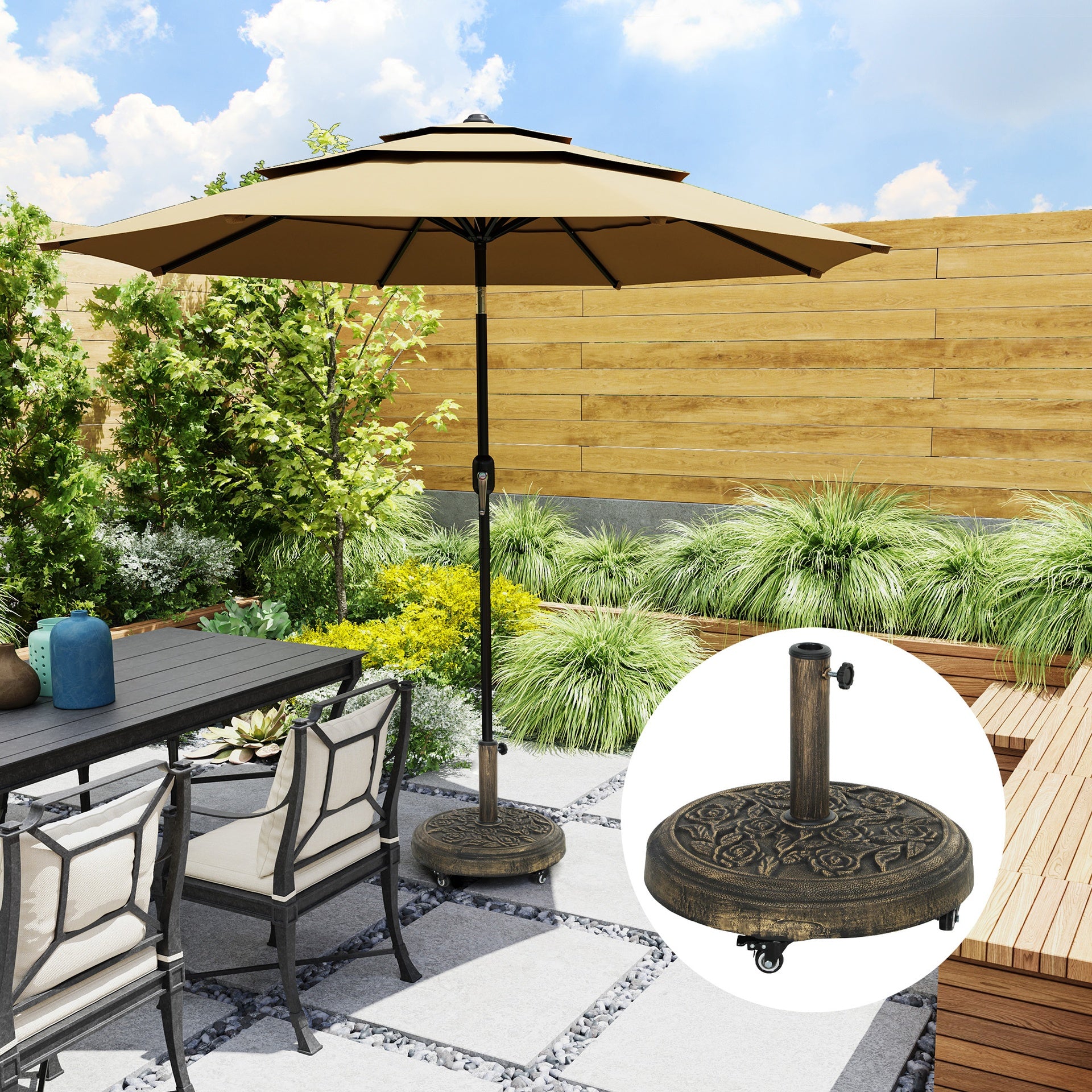 Outsunny Round Patio Umbrella Base, 46 lbs Resin Umbrella Base with Wheels, Outdoor Umbrella Stand for 1.3"/1.5"/1.9" Umbrella Poles for Outdoor, Lawn, Poolside, Bronze