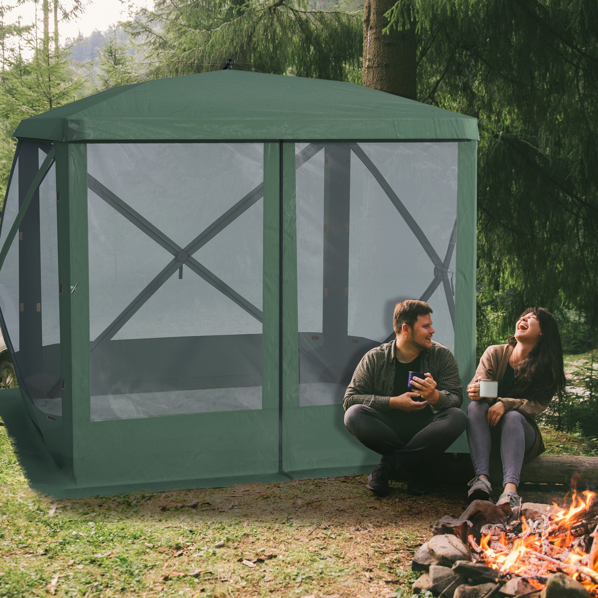 Outsunny Pop Up Camping Canopy Gazebo Screen Shelter Tent with Single Person Easy Set-Up, Ventilating Mesh, Portable Carry Bag for Outdoor Tenting Party Event, 7x7FT, Green