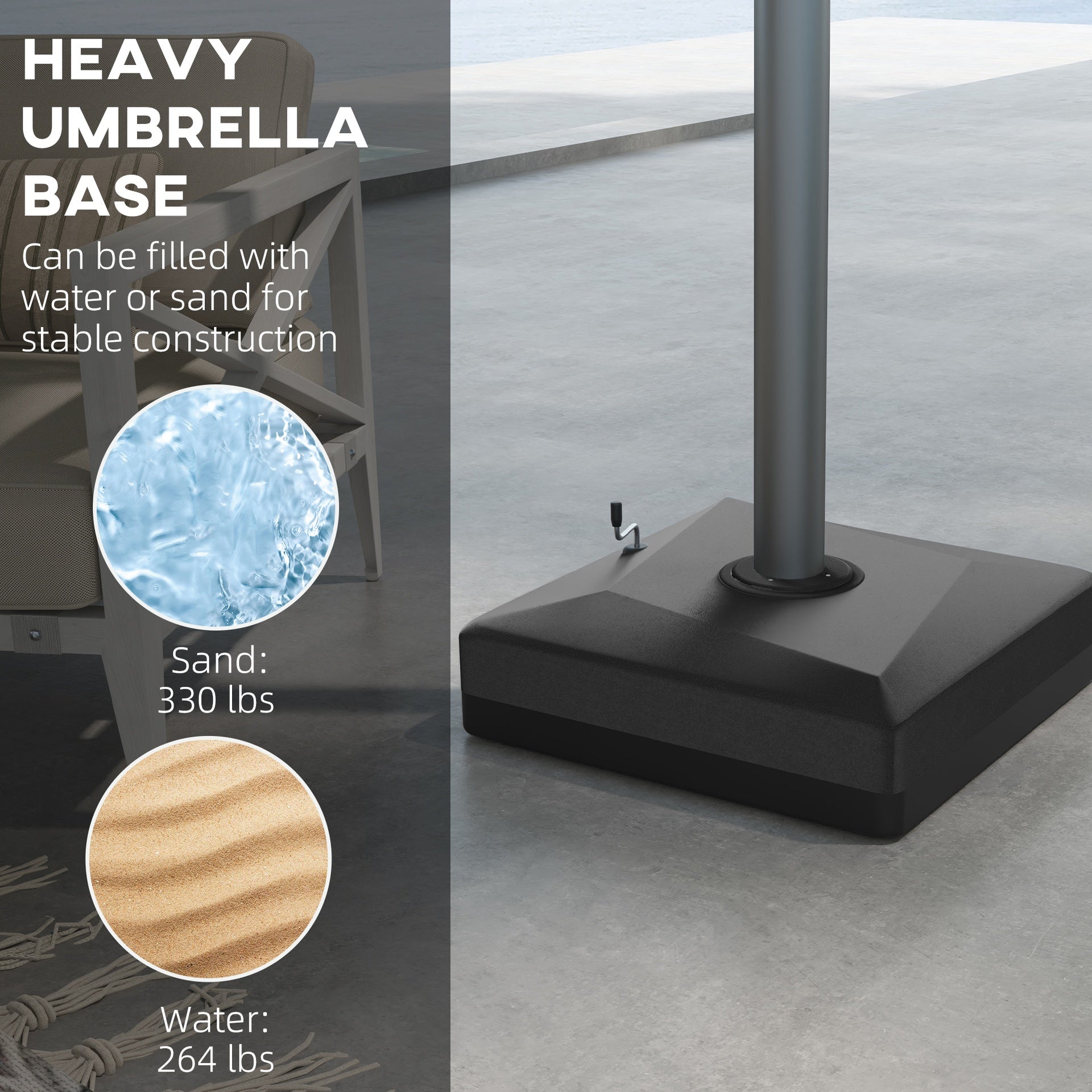 Outsunny 330 lbs. Fillable Umbrella Base for 84D-110V02 Model Umbrella, Cantilever Umbrella Stand, Wheels, Adjustable Feet, Black