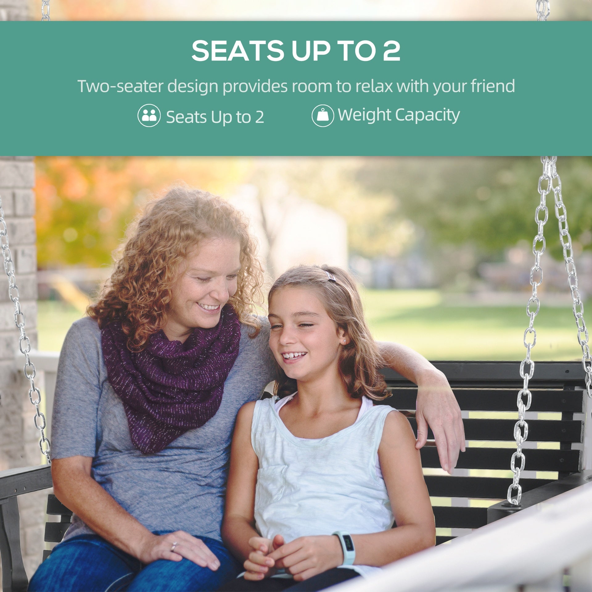 Outsunny Porch Swing with Chains and Cupholders, 2 Person Wooden Patio Swing Chair, 440 lbs. Weight Capacity, for Garden, Poolside, Backyard, Black