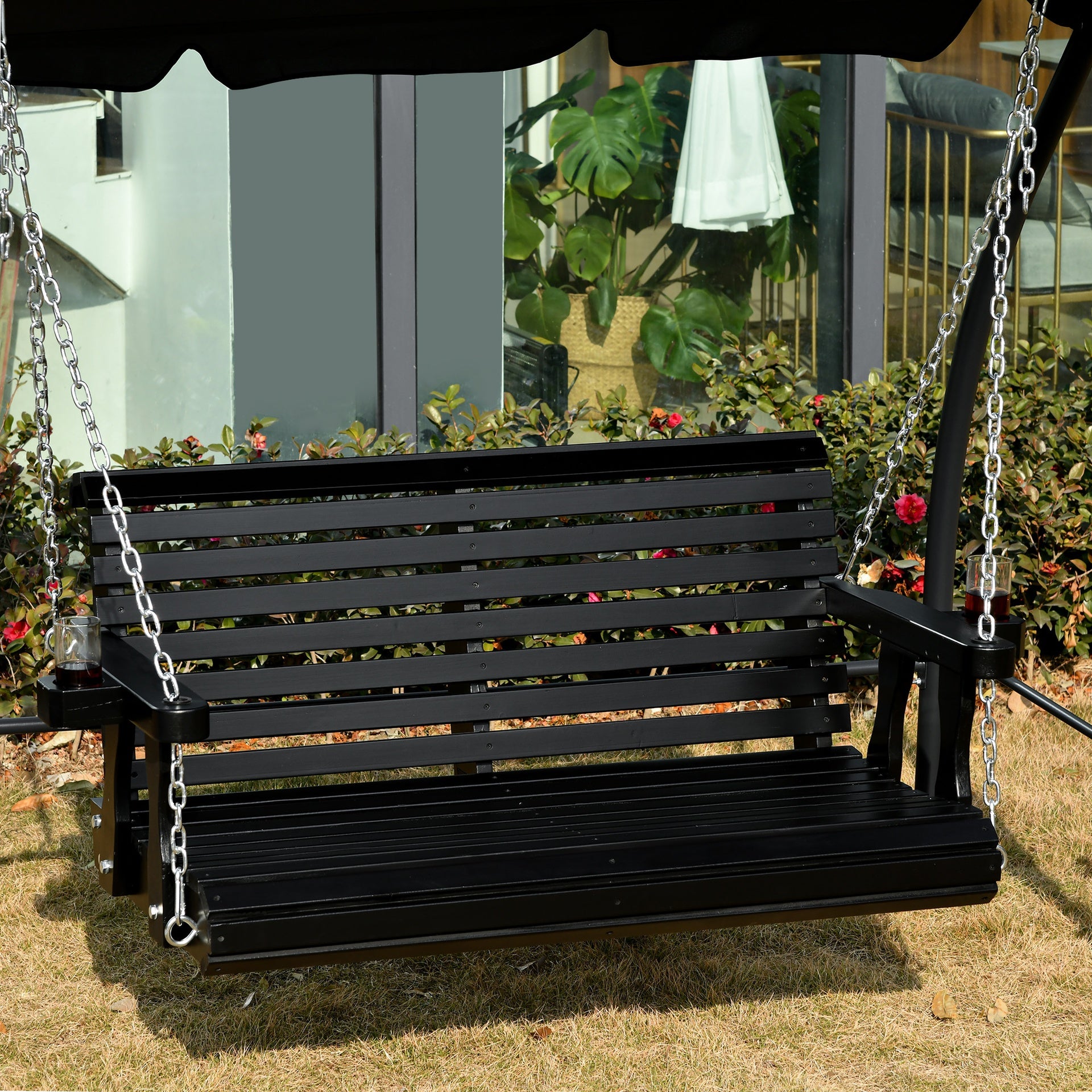 Outsunny Porch Swing with Chains and Cupholders, 2 Person Wooden Patio Swing Chair, 440 lbs. Weight Capacity, for Garden, Poolside, Backyard, Black