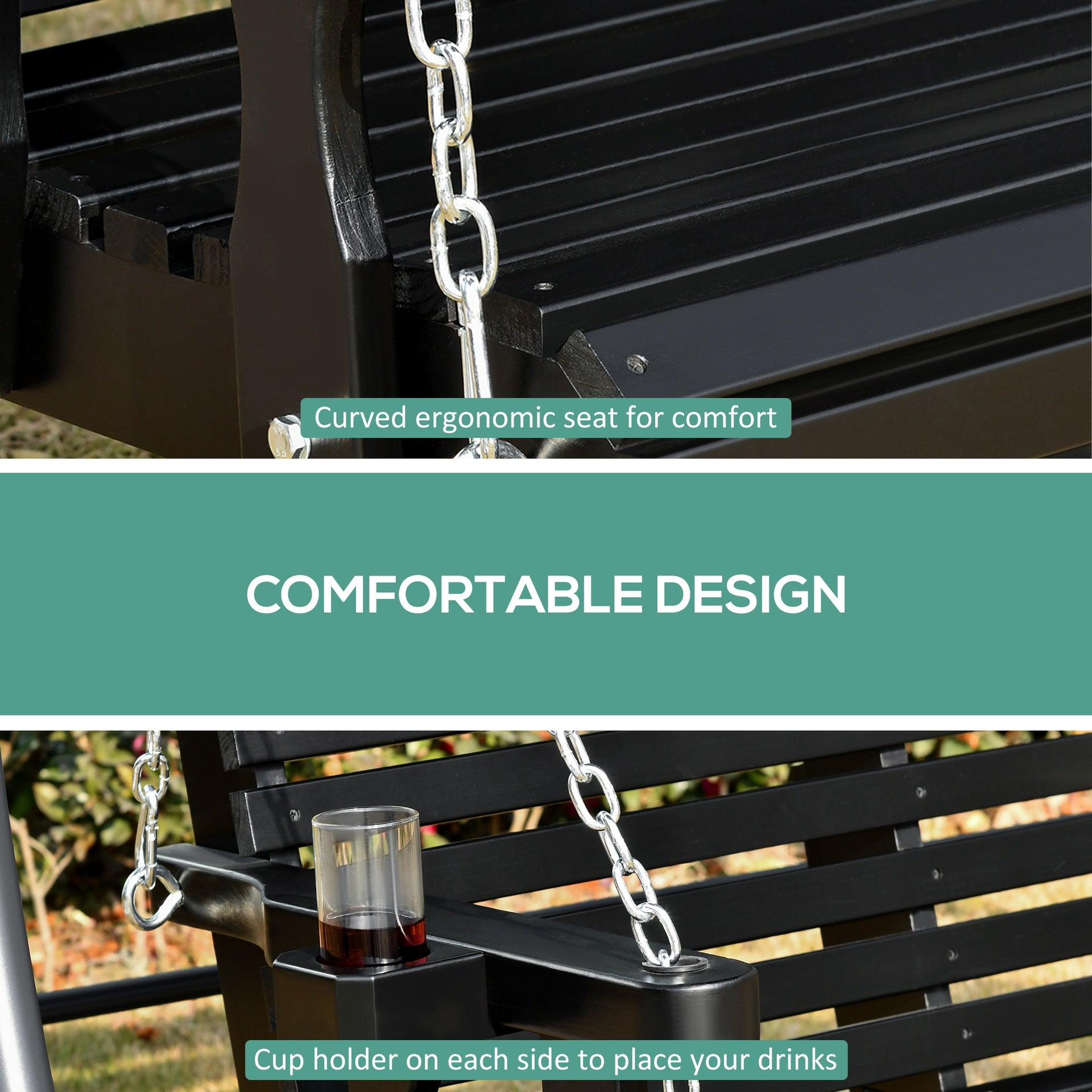 Outsunny Porch Swing with Chains and Cupholders, 2 Person Wooden Patio Swing Chair, 440 lbs. Weight Capacity, for Garden, Poolside, Backyard, Black