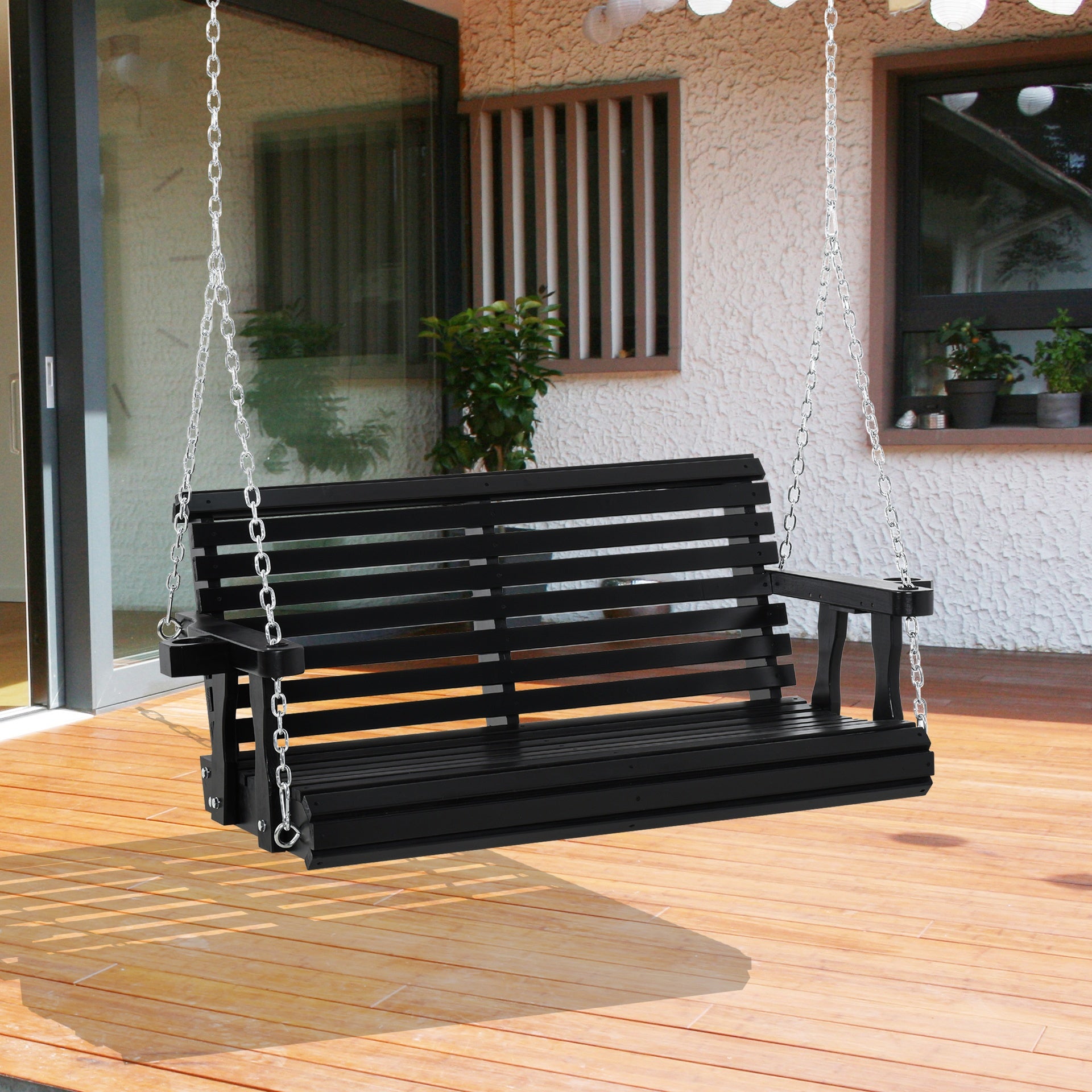 Outsunny Porch Swing with Chains and Cupholders, 2 Person Wooden Patio Swing Chair, 440 lbs. Weight Capacity, for Garden, Poolside, Backyard, Black