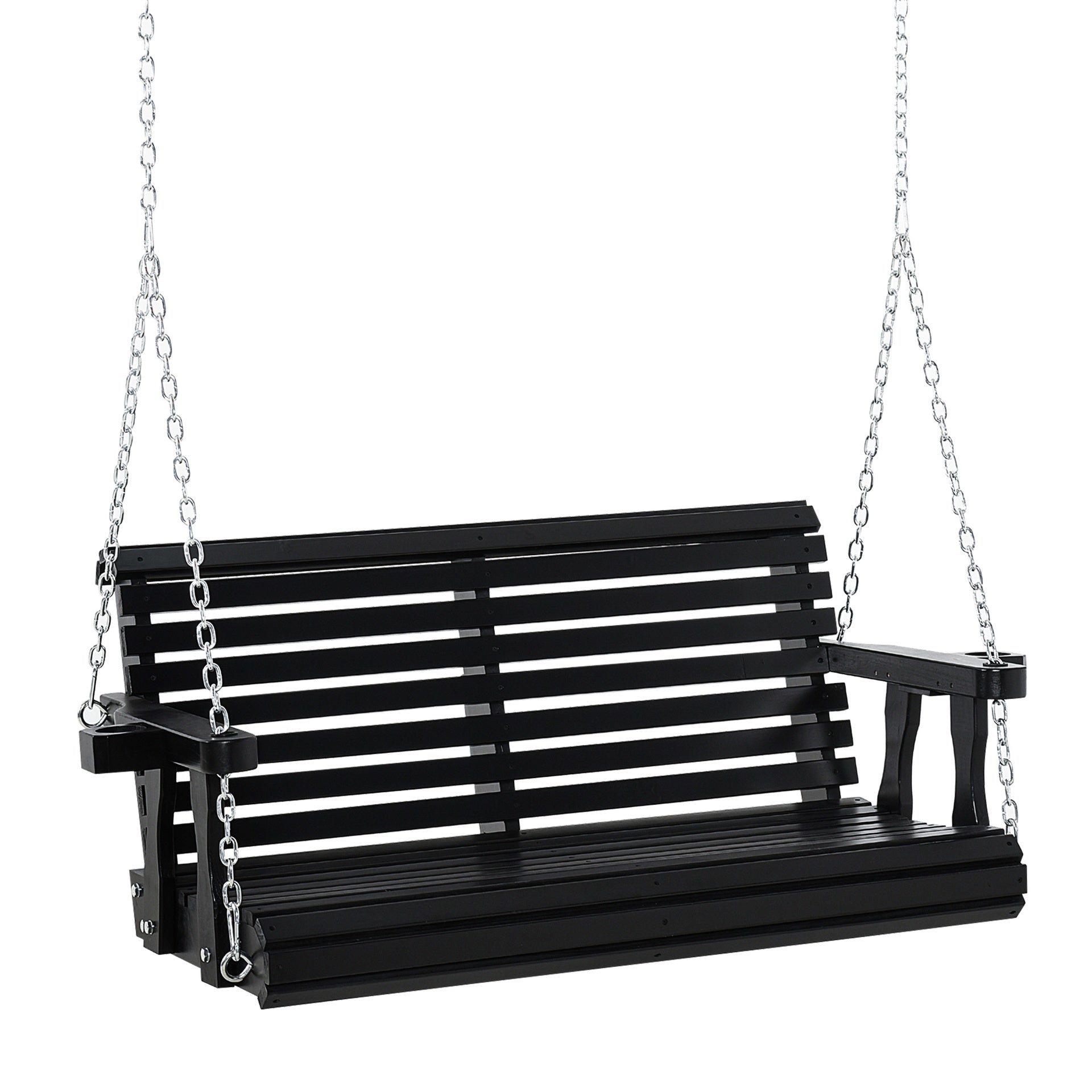 Outsunny Porch Swing with Chains and Cupholders, 2 Person Wooden Patio Swing Chair, 440 lbs. Weight Capacity, for Garden, Poolside, Backyard, Black