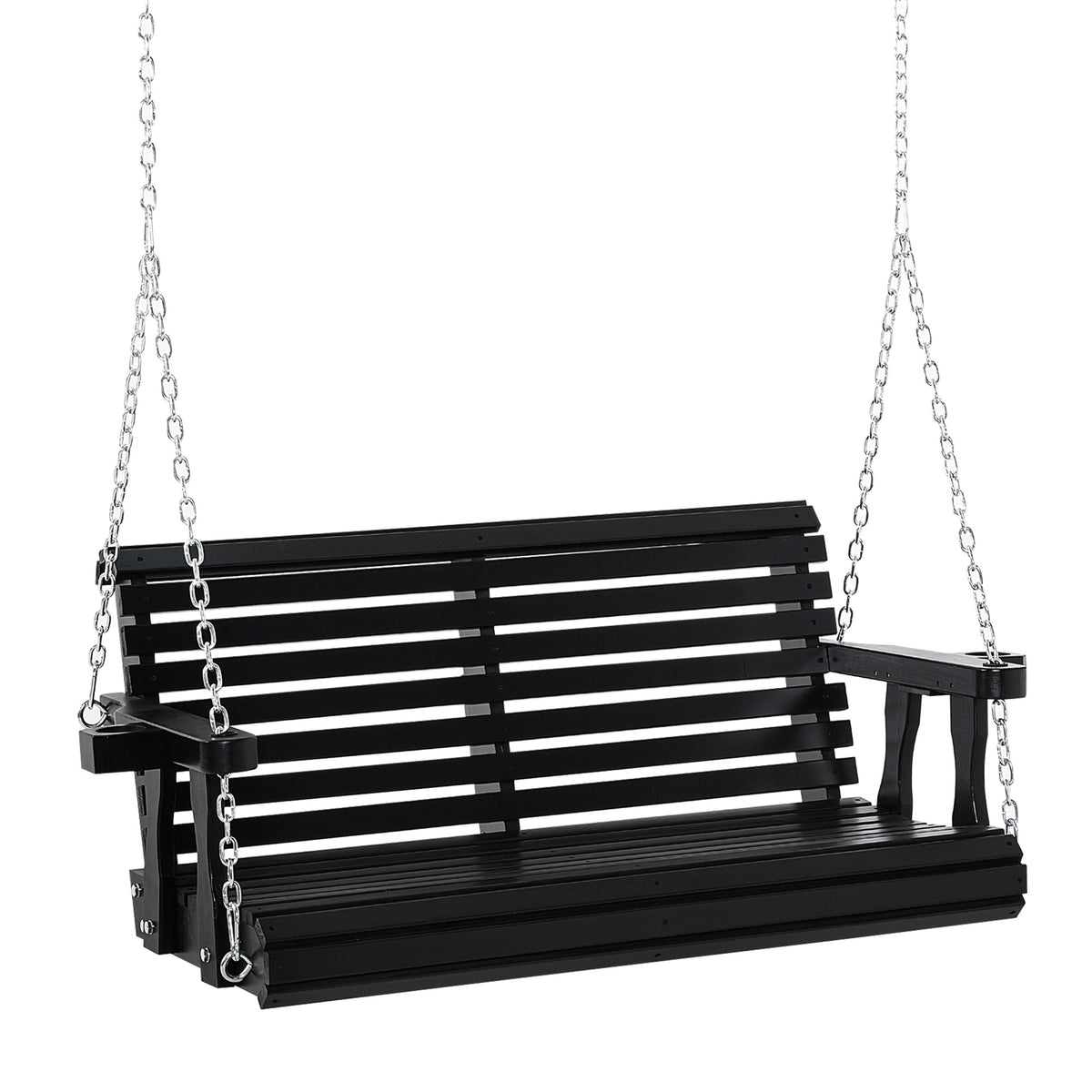Outsunny Porch Swing with Chains and Cupholders, 2 Person Wooden Patio Swing Chair, 440 lbs. Weight Capacity, for Garden, Poolside, Backyard, Black