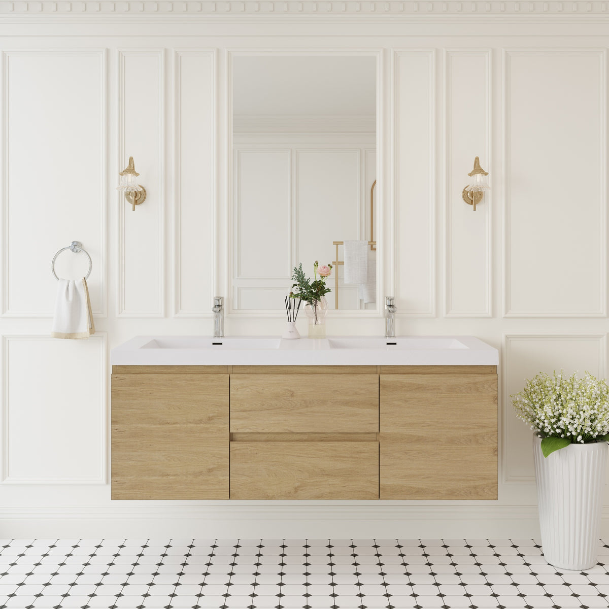 60" Floating Bathroom Vanity with Sink, Solid Surface Top Basin, Two Sinks and Soft Close Drawers Fully Assembled, Natural Oak GF-24V11-60DNO-W1573P152706
