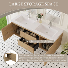 60" Floating Bathroom Vanity with Sink, Solid Surface Top Basin, Two Sinks and Soft Close Drawers Fully Assembled, Natural Oak GF-24V11-60DNO-W1573P152706
