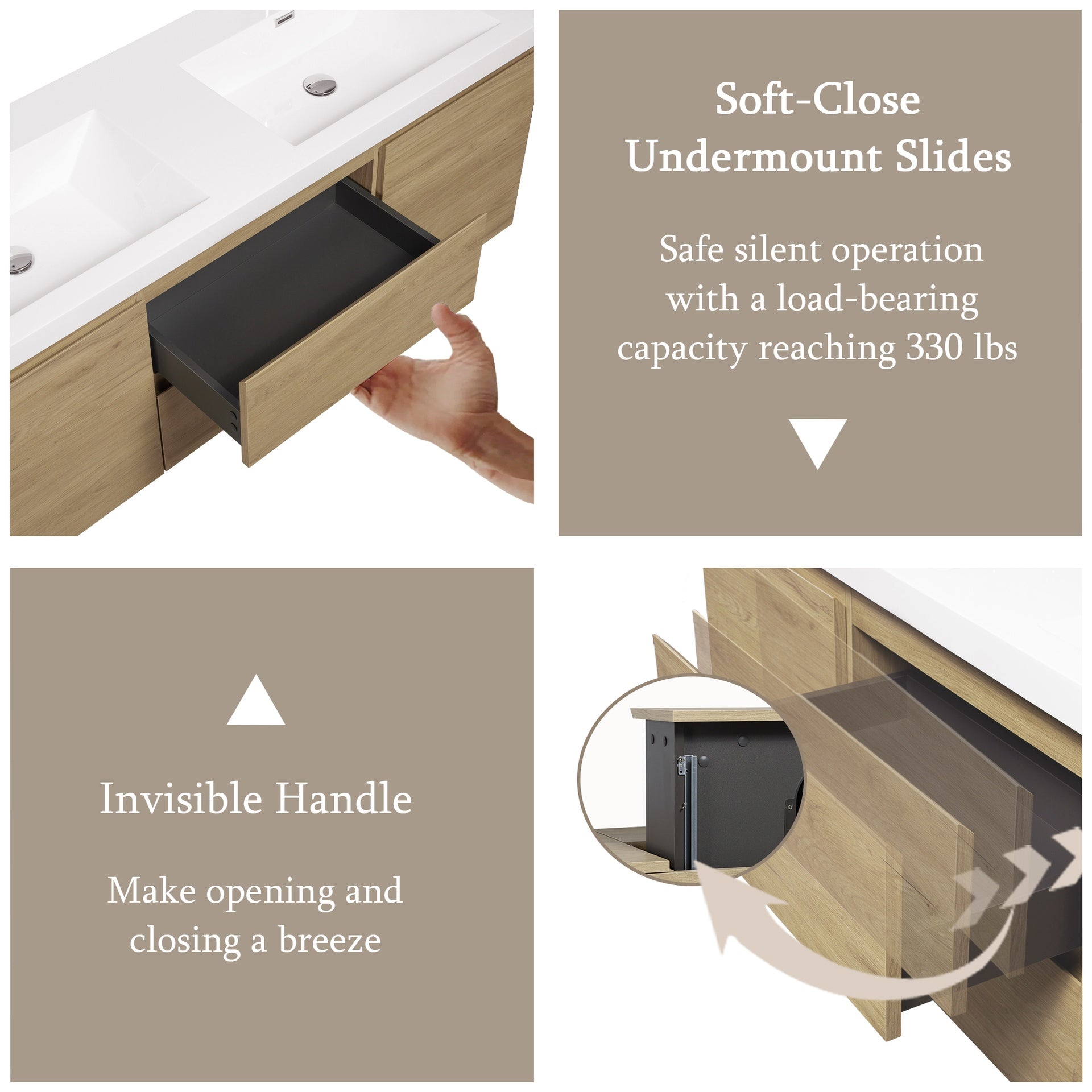 60" Floating Bathroom Vanity with Sink, Solid Surface Top Basin, Two Sinks and Soft Close Drawers Fully Assembled, Natural Oak GF-24V11-60DNO-W1573P152706