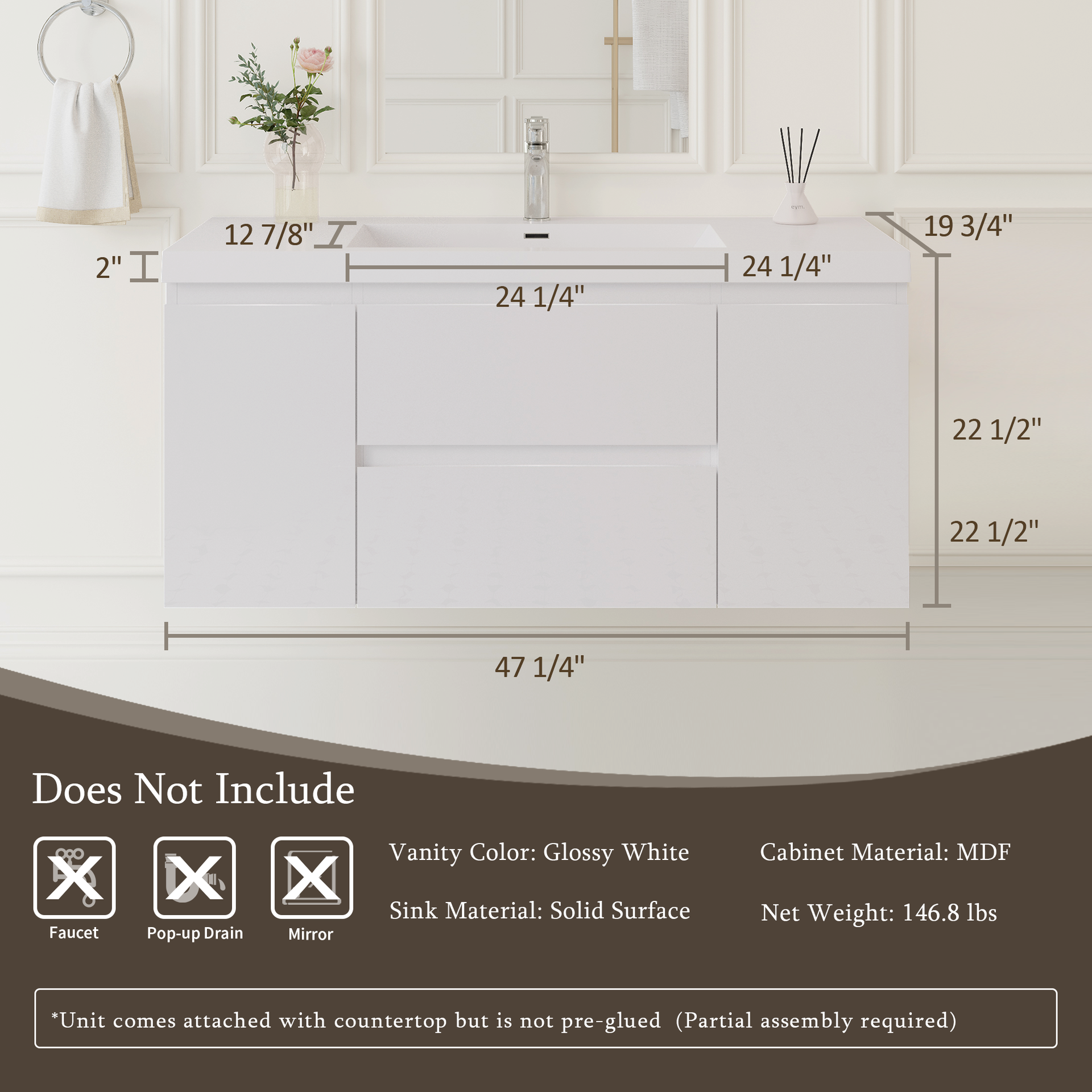 48" Floating Bathroom Vanity with Sink, Modern Wall-Mounted Bathroom Storage Vanity Cabinet with Solid Surface Top Basin and Soft Close Drawers Fully Assembled, Glossy White GF-24V11-48GW-W1573P152687