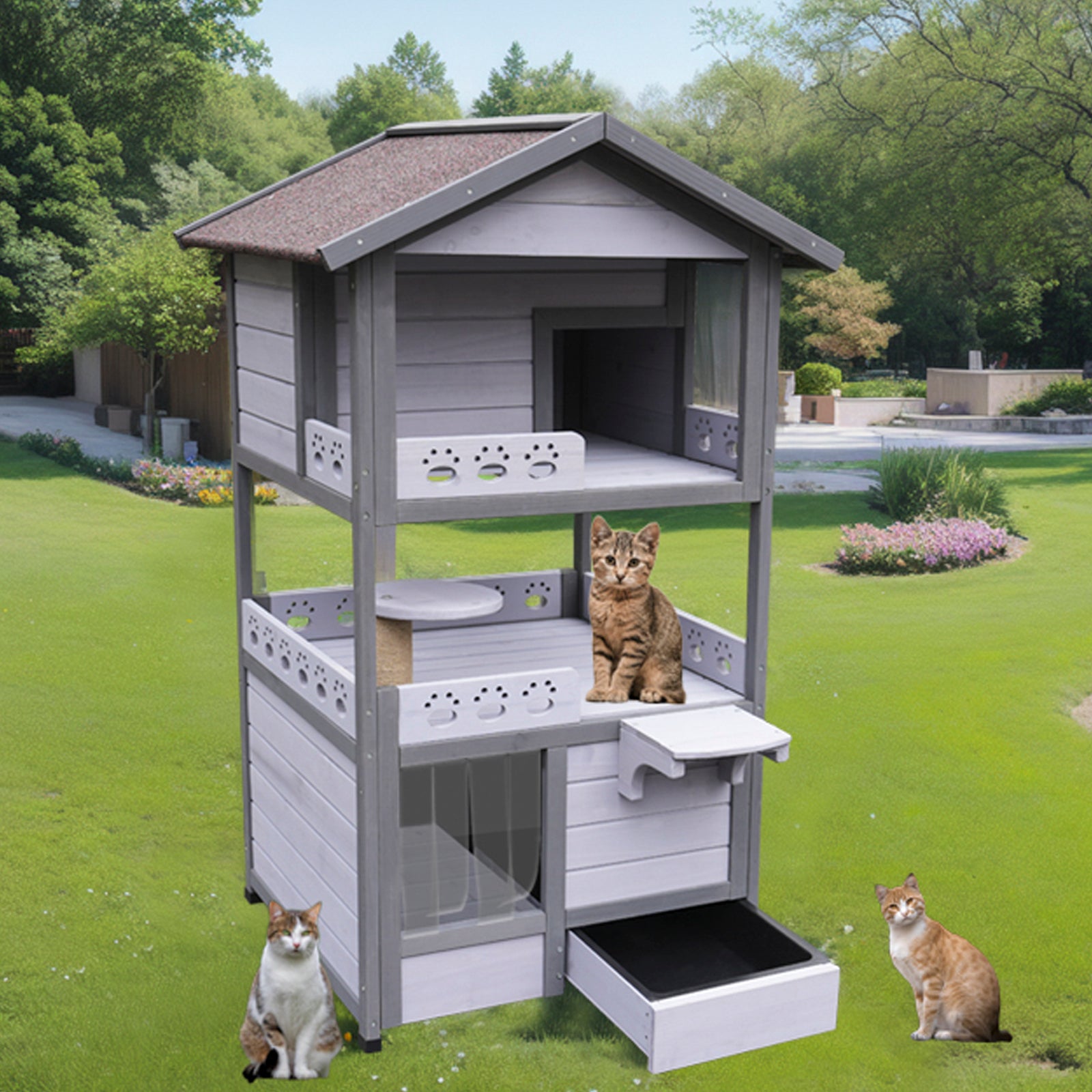 Three Story Outdoor Cat House with Balcony, Large Feral Villa Cat Shelter Weatherproof, 3 Story Outside Cat House for Multiple Cats